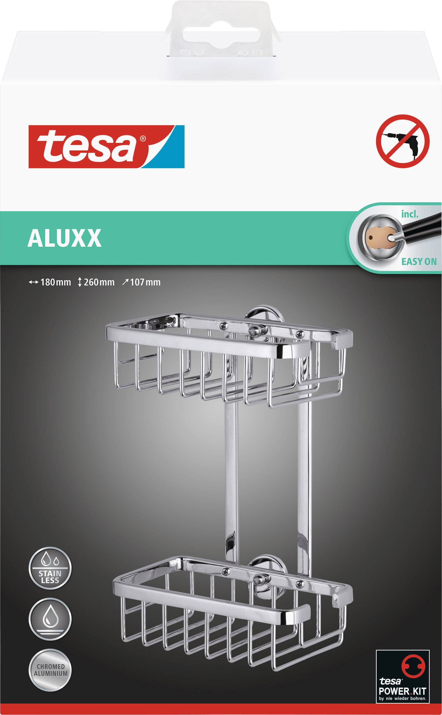 Ablagekorb von Tesa 'Aluxx', verchromt, inklusive Befestigungszubehör, Maße: 180mm x 260mm x 107mm, einfache Montage.