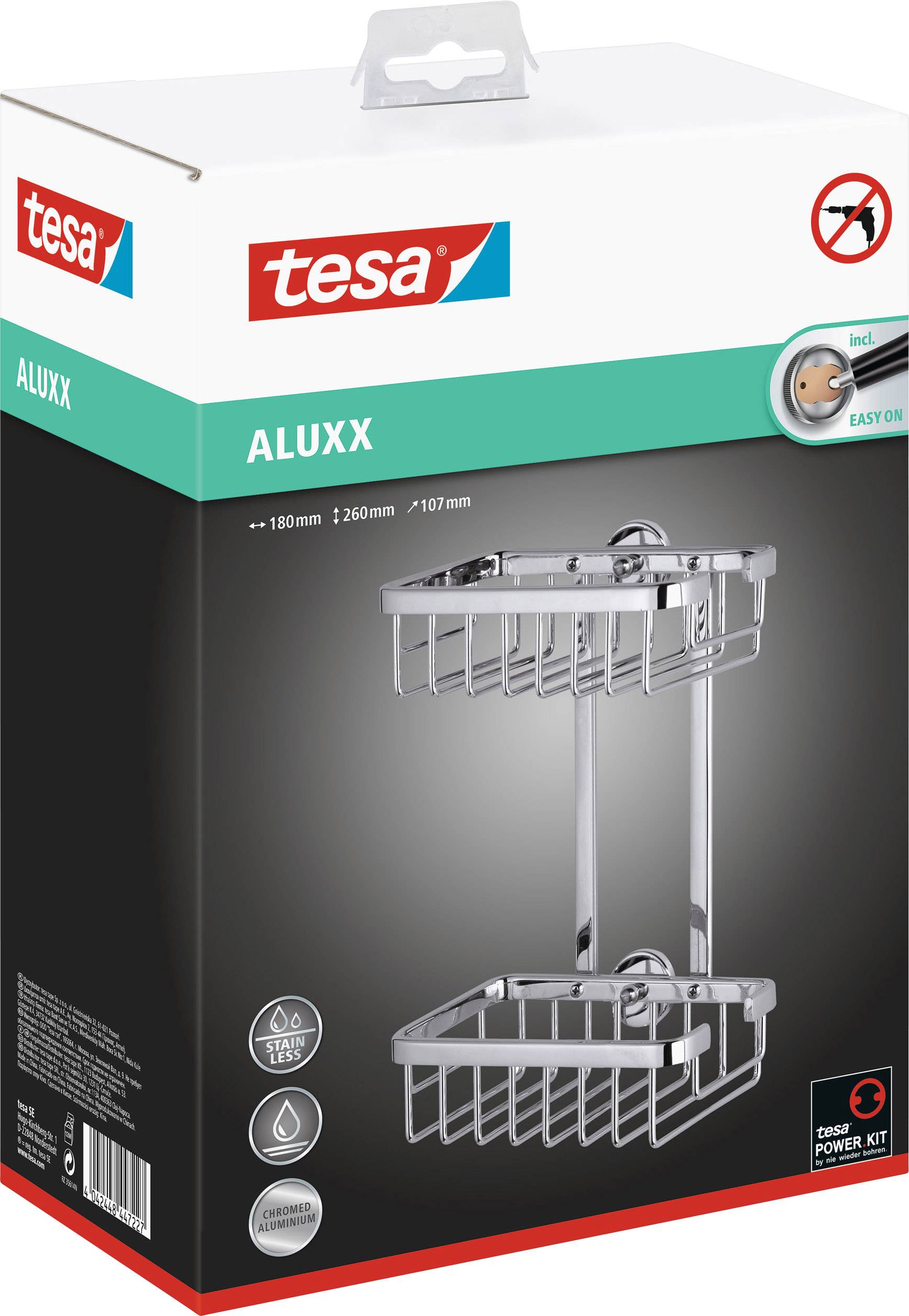 Verpackung eines Duschregals von 'tesa Aluxx', zeigt ein doppelt verchromtes Regal mit Easy-On-Kleber für einfache Montage.