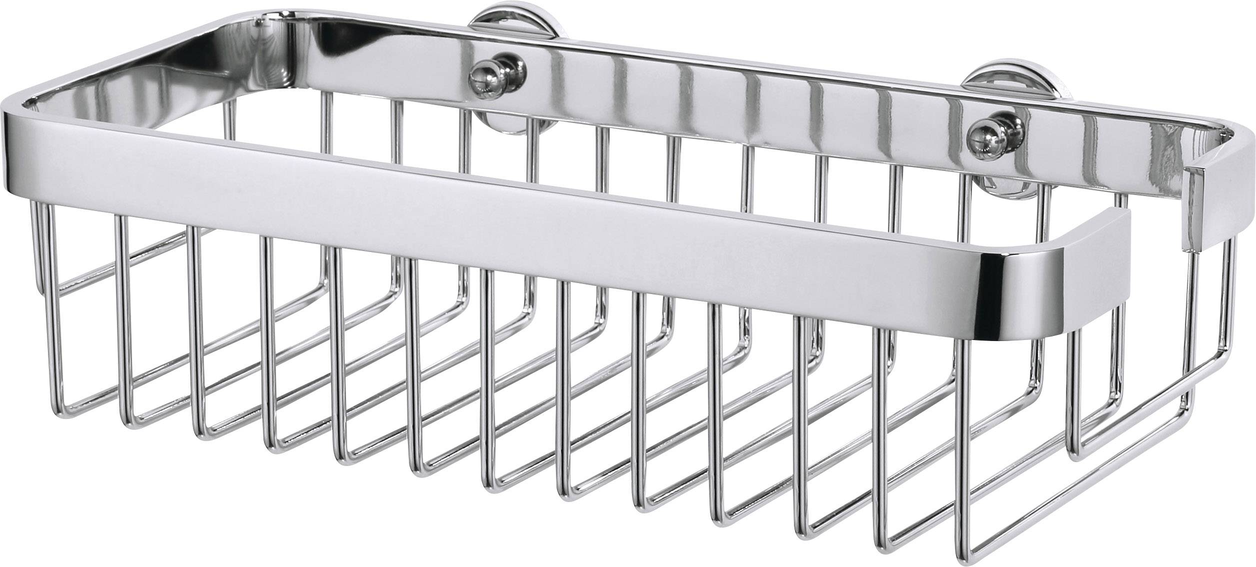 Ein rechteckiger Duschkorb aus silbernem Metall, an der Wand montiert, zur Aufbewahrung von Duschutensilien geeignet.