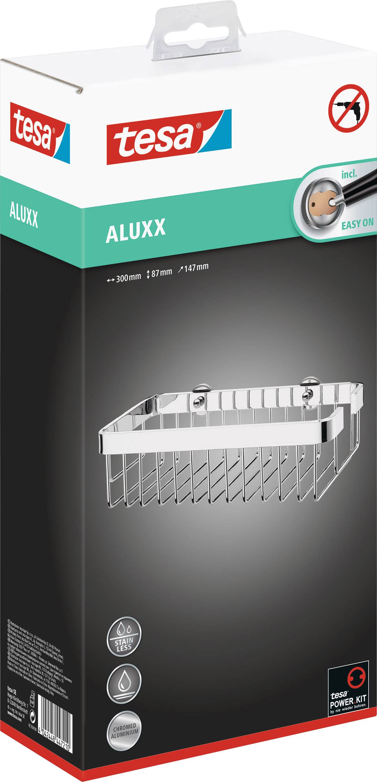 Produktverpackung für 'tesa ALUXX' Duschkorb. Enthält Produktabbildung, Maße 80x127x137mm, Bohr- und Werkzeugsymbolik für einfache Montage.