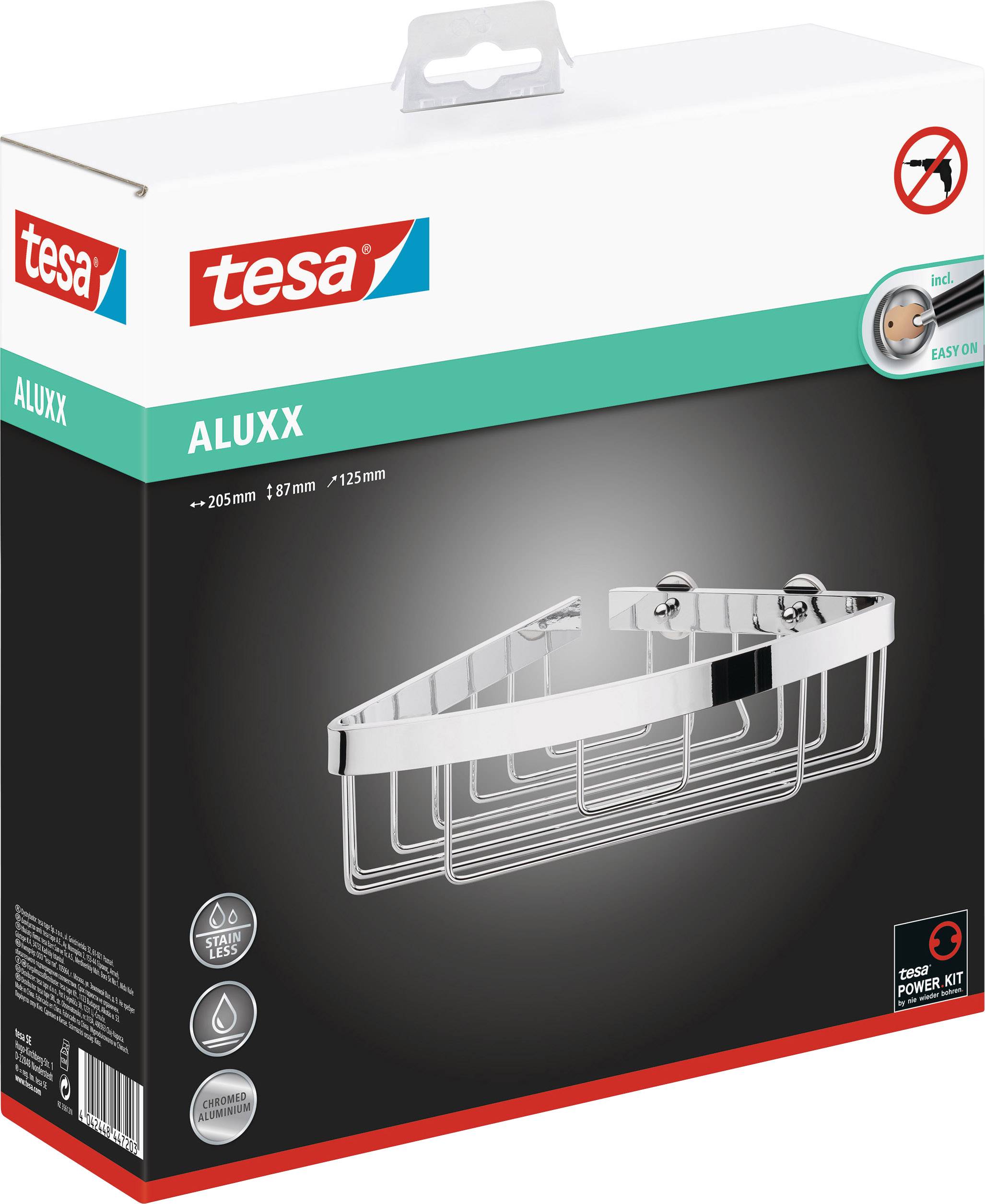 Verpackung einer 'tesa ALUXX' Eckduschablage aus Chrom mit Power Kit zur bohrfreien Befestigung. Maße: 205mm x 87mm x 125mm.