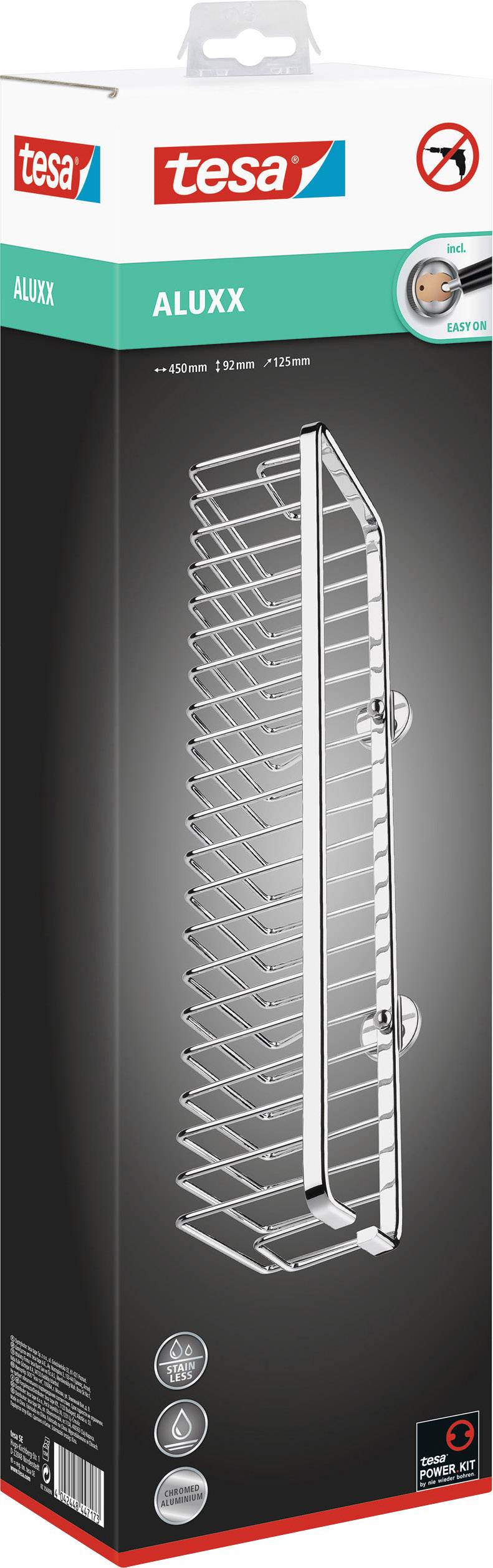 Wandhalterung für Duschutensilien von Tesa, Modell 'Aluxx', ohne Bohren montierbar. Produktabbildung auf schwarzem Hintergrund.