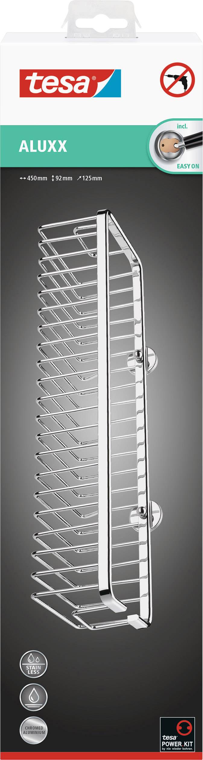 Verpackung eines Tesa ALUXX Duschregals, hervorgehoben durch selbstklebende Befestigung ohne Bohren, abgebildet in seitlicher Ansicht.