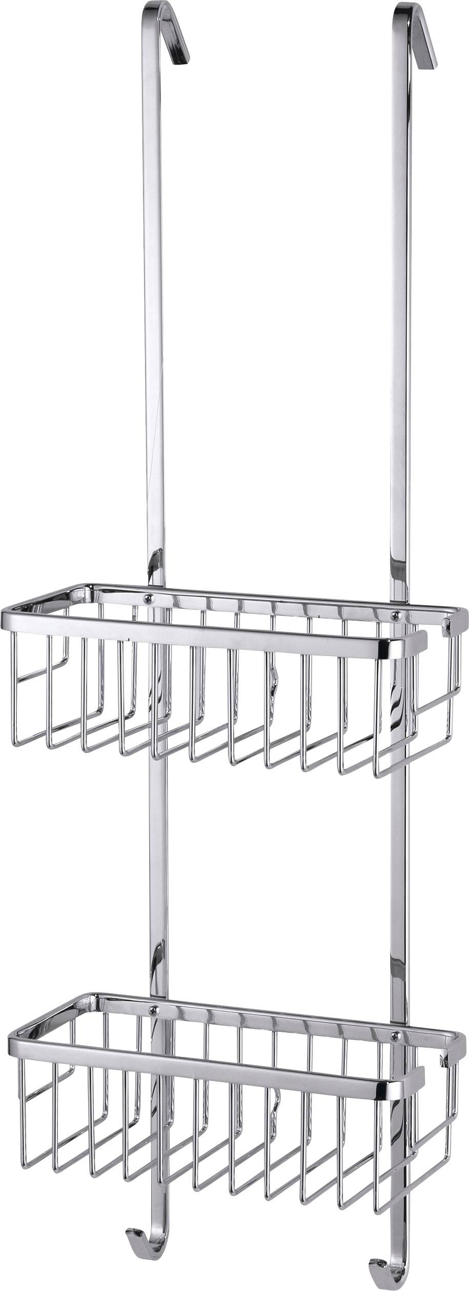 Ein hängendes Duschkörbchen aus Edelstahl mit zwei Etagen, das an einer Duschwand befestigt werden kann, um Toilettenartikel zu halten.