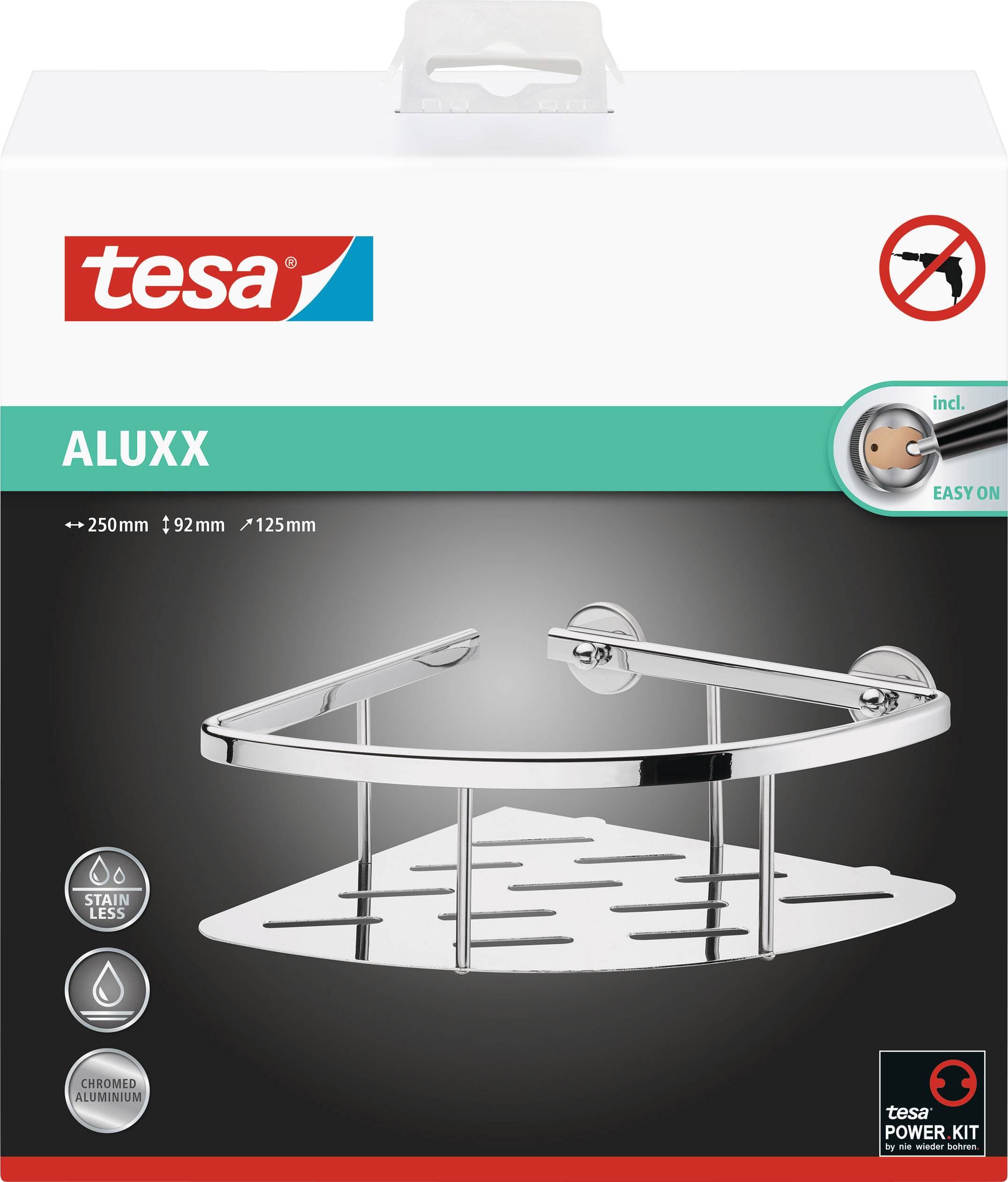 Eck-Duschkorb aus verchromtem Metall mit Montageset. Maße: 250 mm x 92 mm x 125 mm. Edelstahl-Look, leicht anzubringen ohne Bohren.