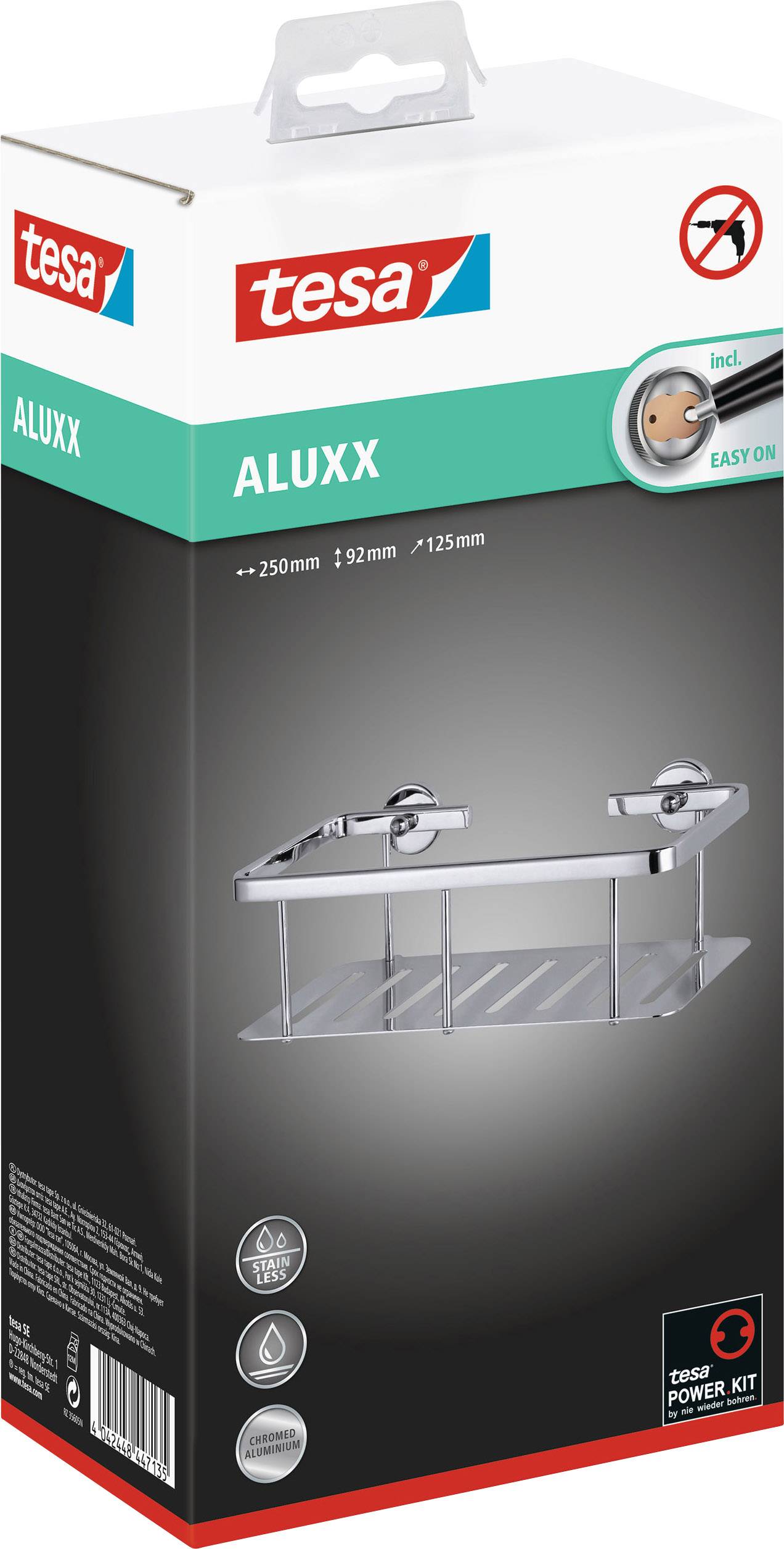 Eine verpackte Badezimmerablage von Tesa, Produktname 'ALUXX'. Das Bild zeigt das Regal mit Maßen und Befestigungsmaterial.