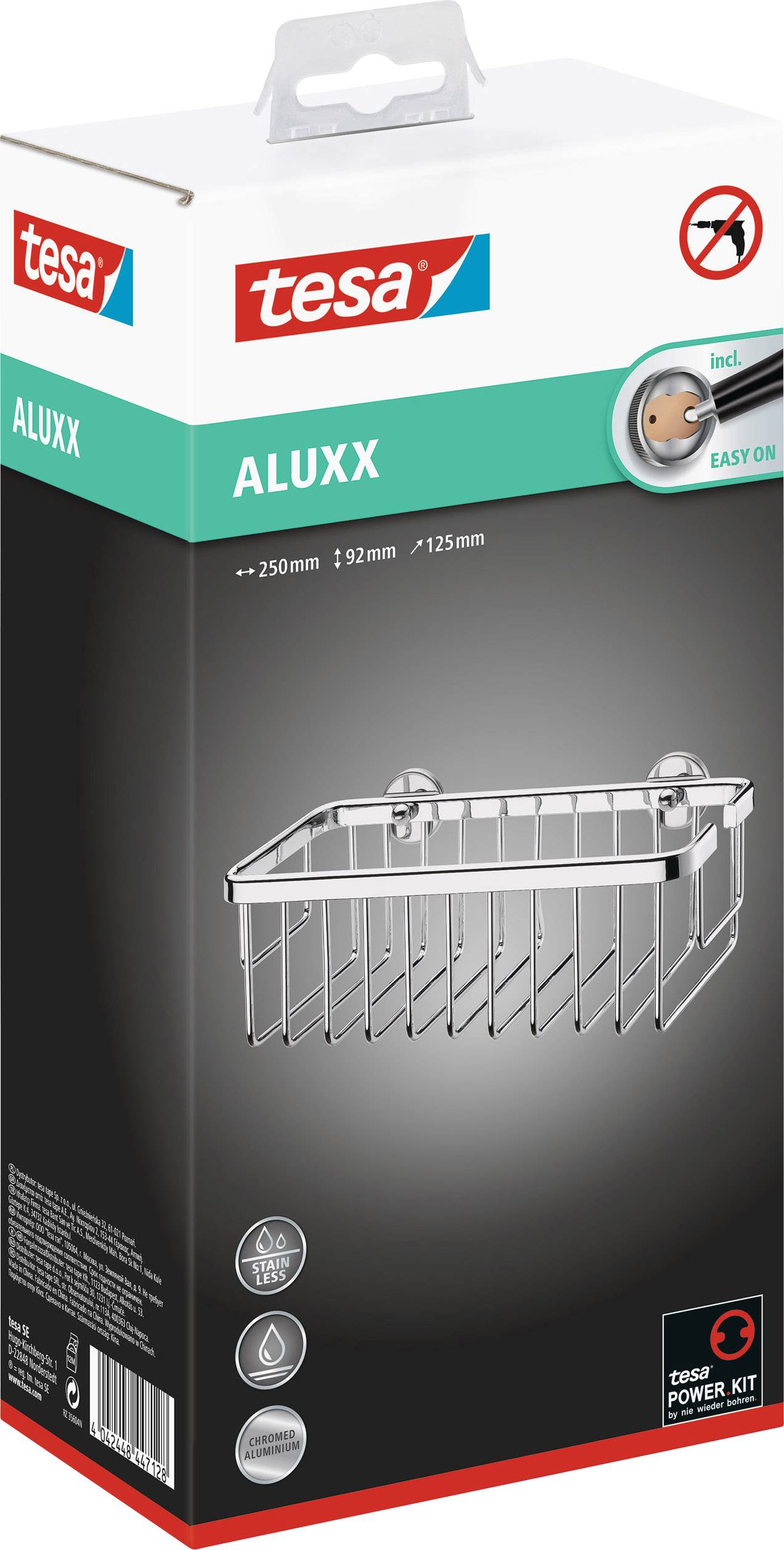 Verpackung eines Tesa Aluxx Duschkörbchens, gezeigt mit Befestigungssystem ohne Bohren. Maße: 250mm x 192mm x 125mm.