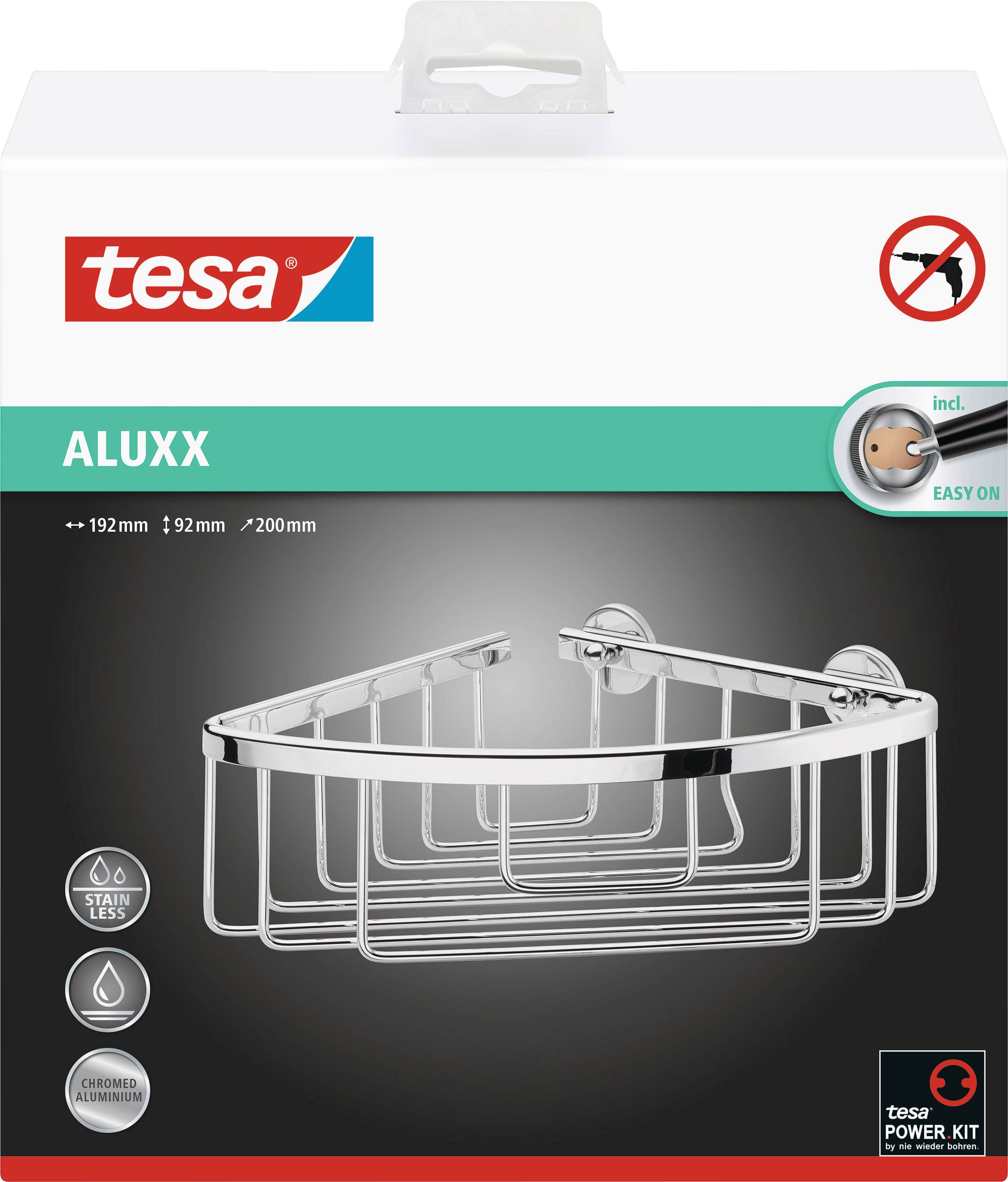 Verpackung eines Duschkorbs von 'tesa' mit patentiertem Klebesystem. Enthält ein Bild des Produkts und Details zur Befestigungsmethode.
