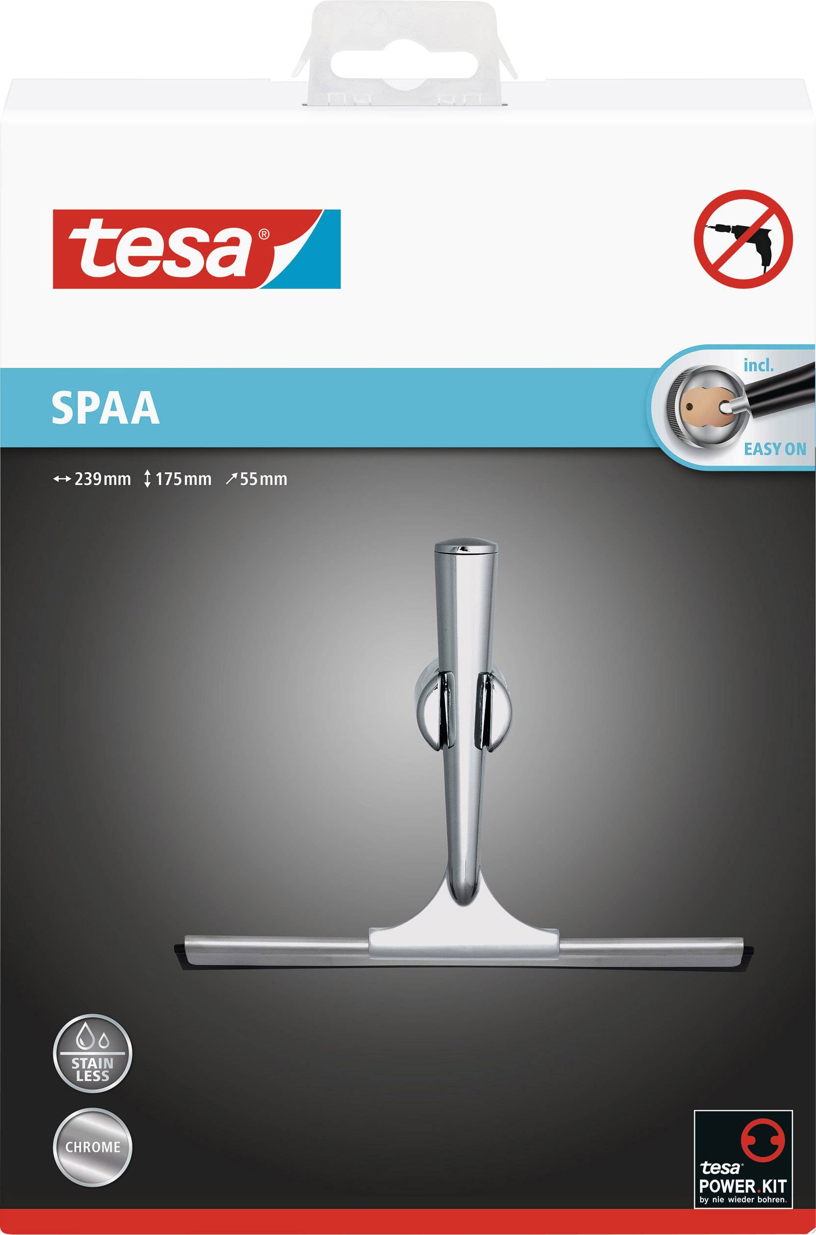 Ein Tesa Abzieher in chromfarbener Ausführung, verpackt in einer Box mit blauem und rotem Design. Geeignet zum Reinigen von Glas.