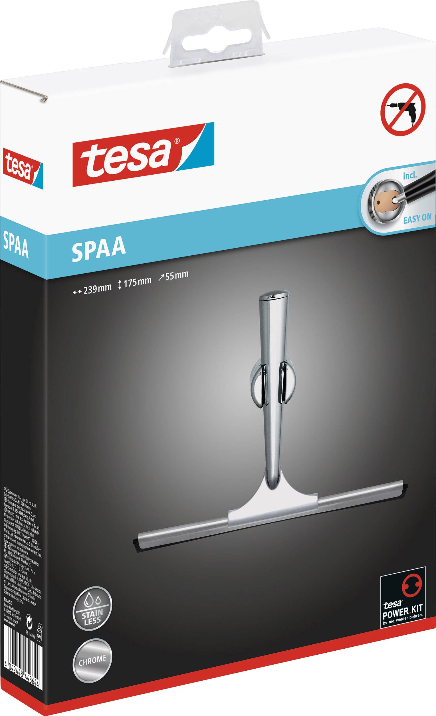 Verpackung einer Duschabzieher von Tesa, Serie 'Power.Kit'. Abgebildet ist der Abzieher vor einem dunklen Hintergrund.