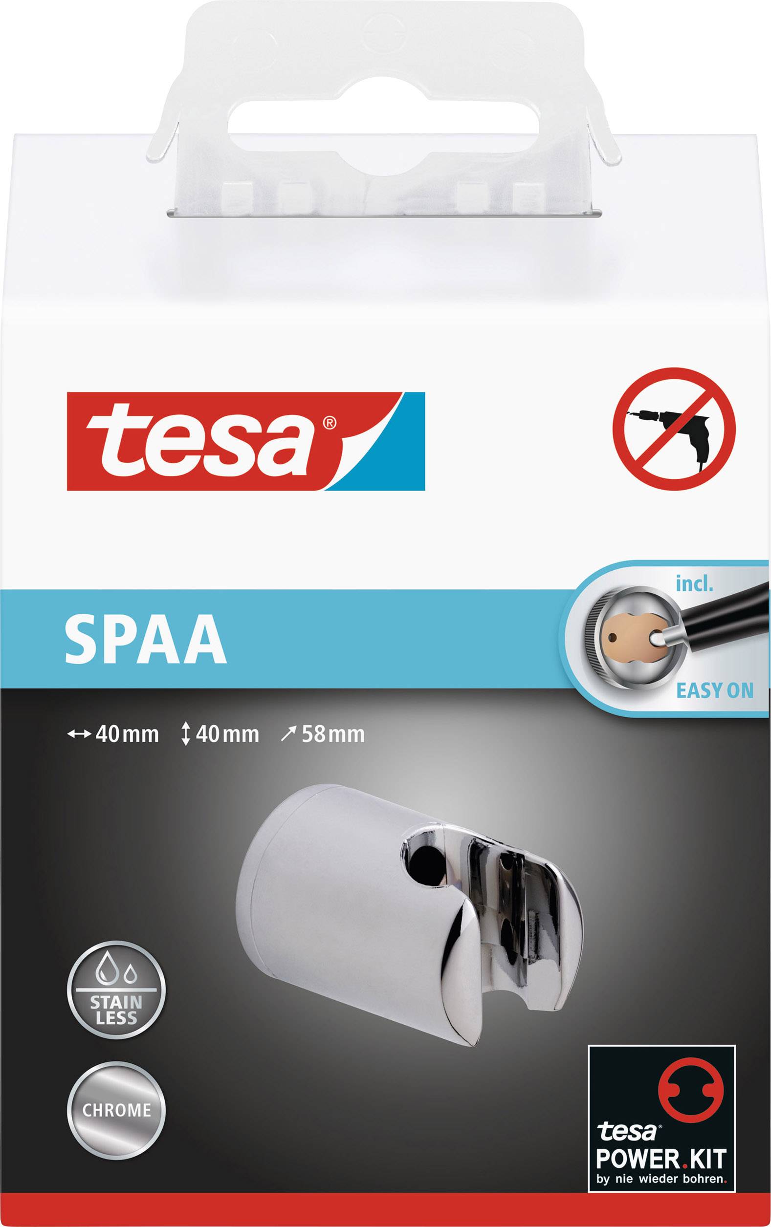 Eine Verpackung von tesa SPAA mit einem chromfarbenen Haken, Hinweis auf einfache Montage und rostfreies Material.