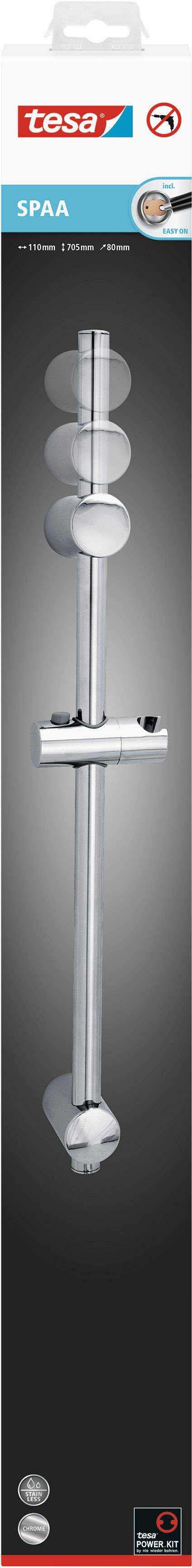 Duschsystem mit verstellbaren Haltern und Regalen. Schlankes, modernes Design in Silber und Grau. Verpackung 'tesa' und 'SPAA' markiert.