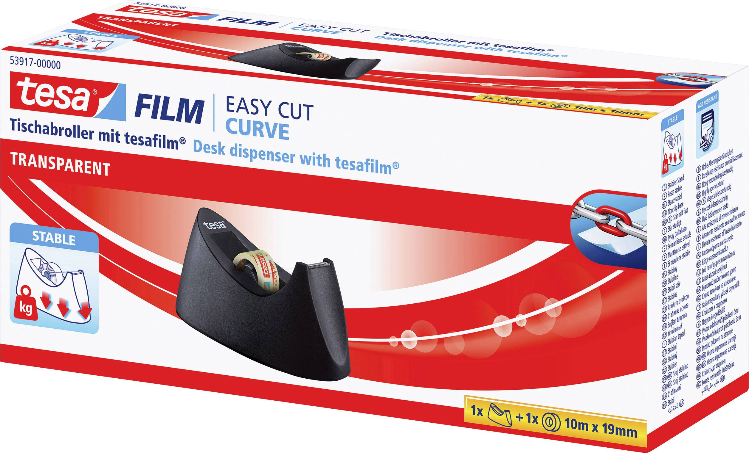 Packung eines transparenten tesa Easy Cut Curve Tischabrollers mit starker Klebefilm. Inhalt: 1 Abroller, 1 Rolle 10m x 19mm.