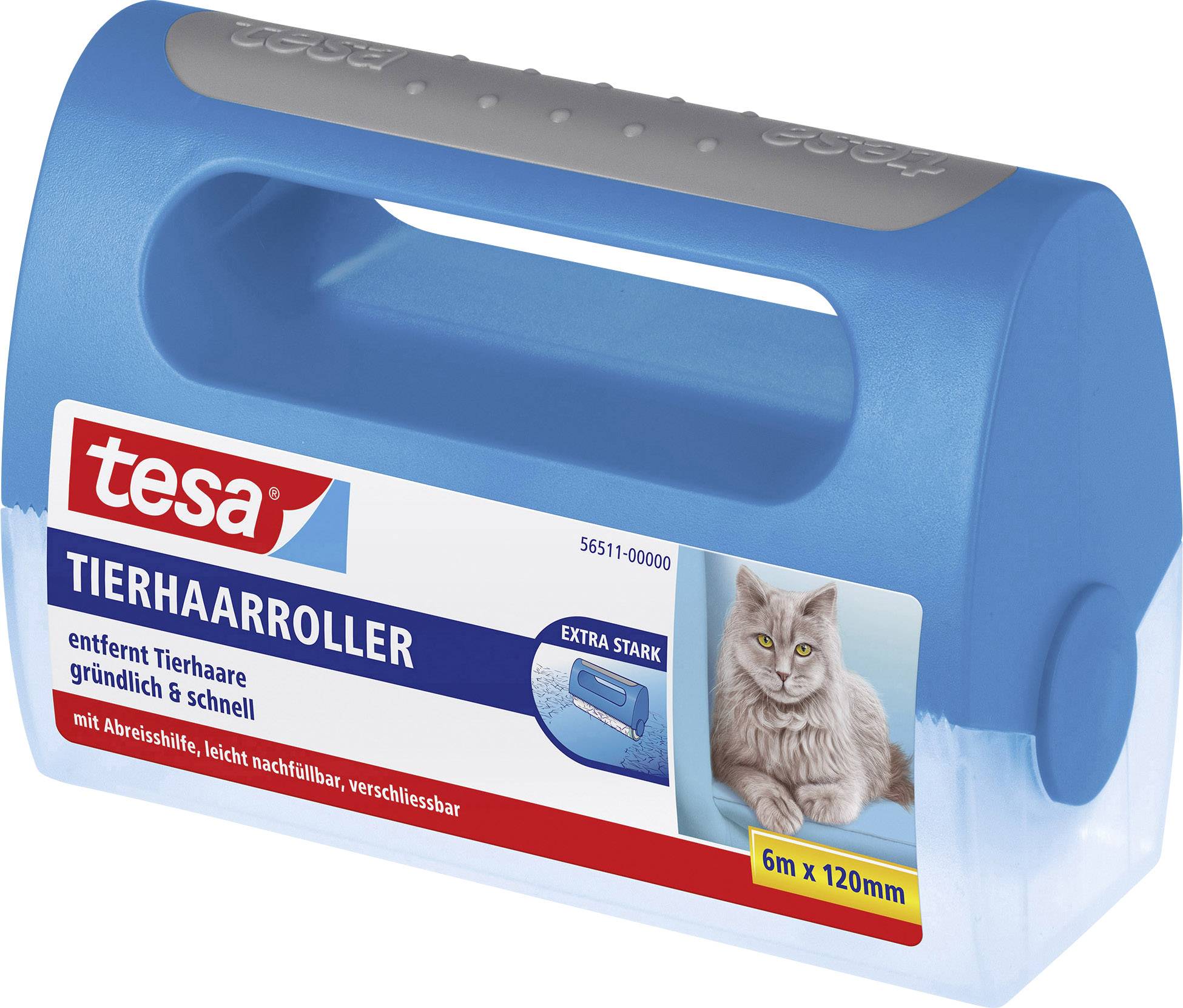 Blauer Tierhaarroller von Tesa zur gründlichen Entfernung von Tierhaaren. Enthält ein Bild einer Katze, 6 m x 120 mm Maße.
