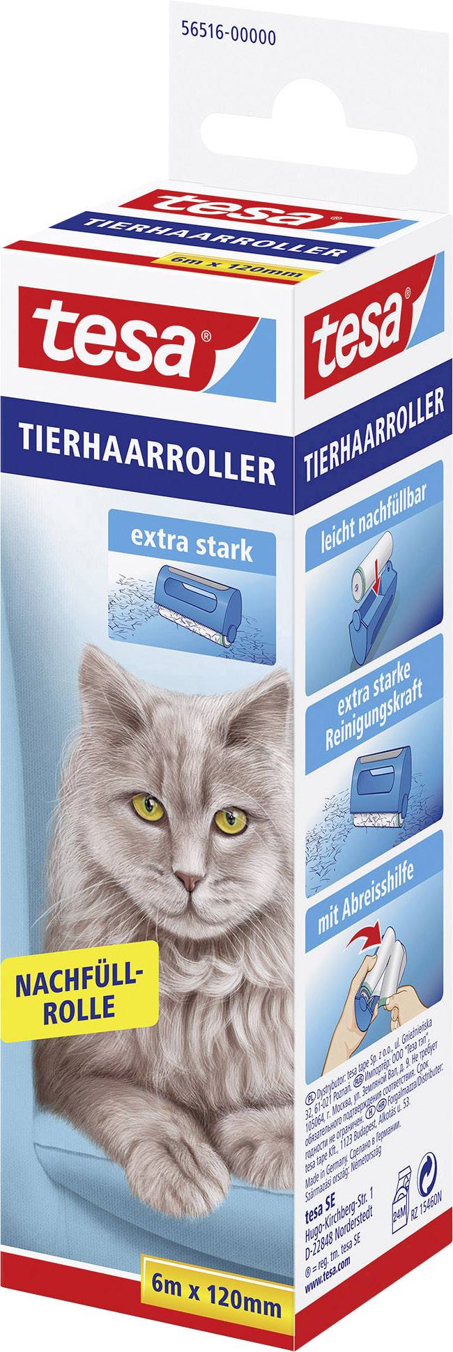 Verpackung eines Tesa Tierhaarrollers mit Bild einer Katze. Beschreibungen: 'extra stark', 'leicht abzureißen', 'Nachfüllrolle'.