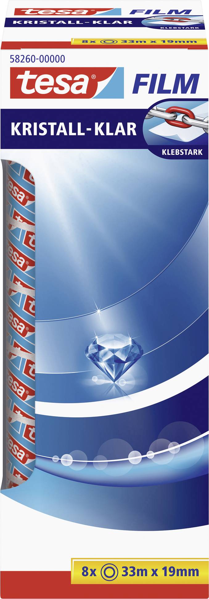 Verpackung von tesa Kristall-Klar Film. Enthält 8 Rollen, Größe 33m x 19mm. Zeigt ein Diamant-Symbol und betont hohe Transparenz.