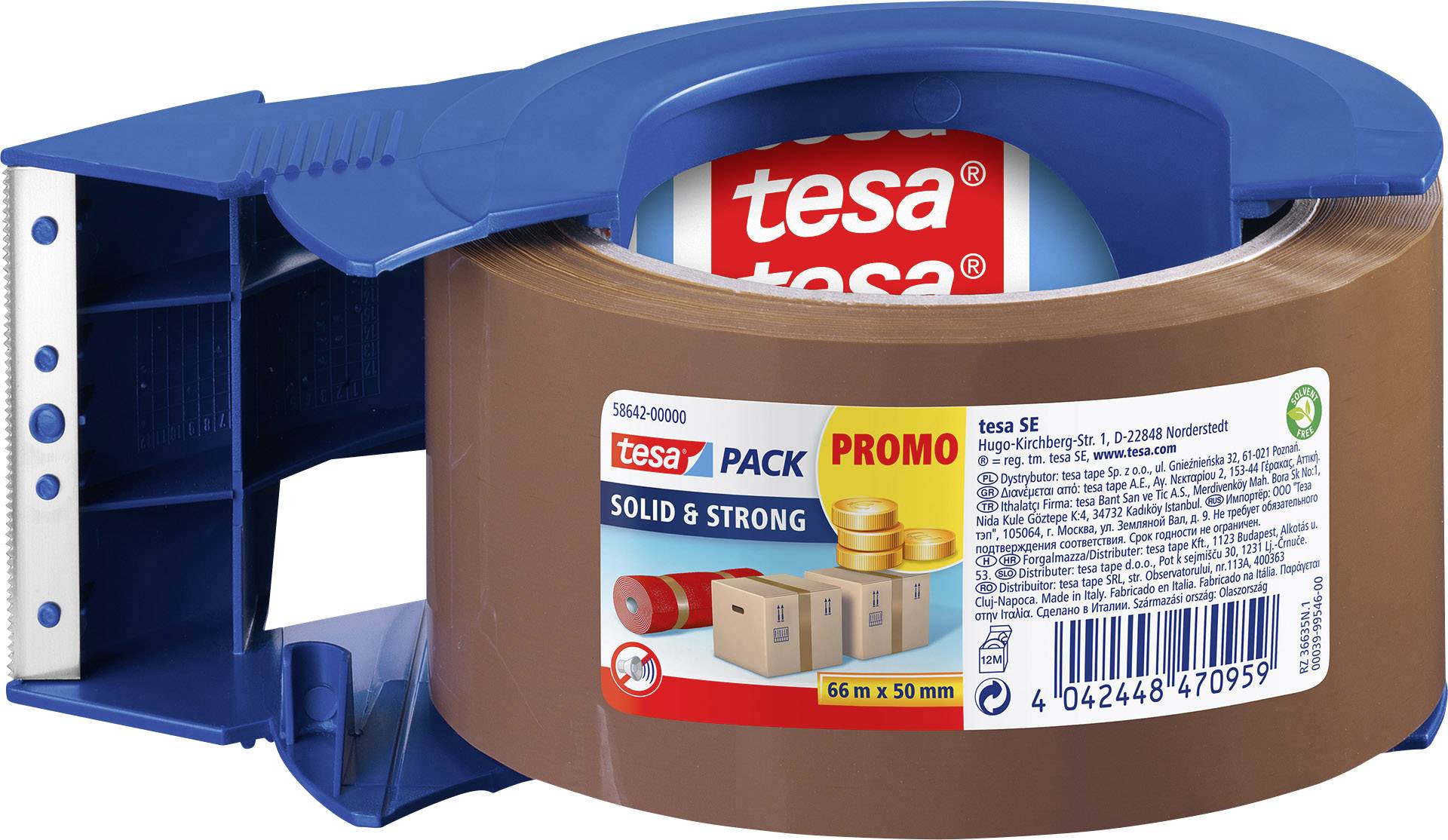Braunes Verpackungsklebeband mit blauer Abrollerhalterung. Etikett zeigt Marke 'tesa', Länge '66 m x 50 mm' und das Wort 'Promo'.