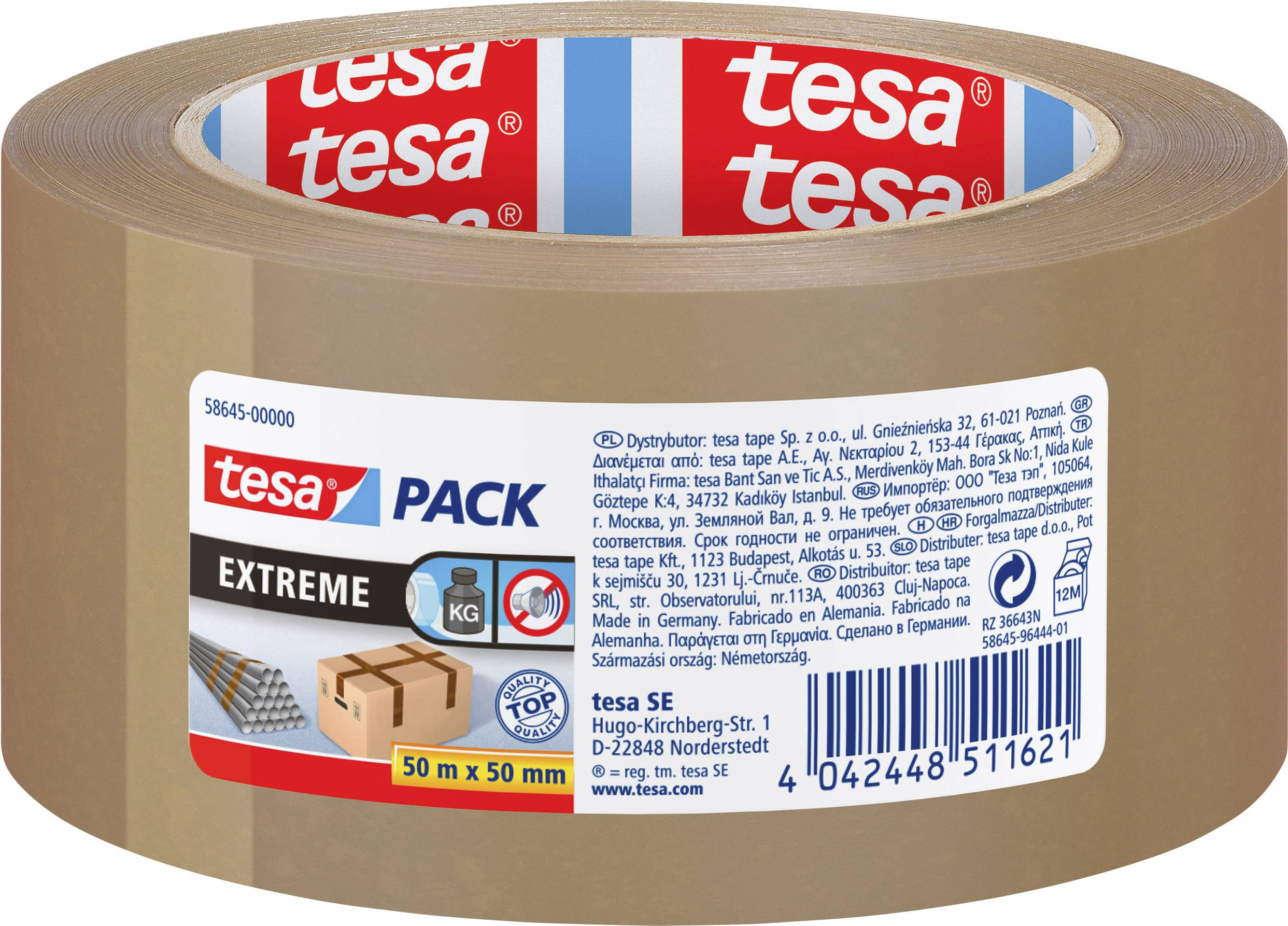 Eine Rolle braunes Verpackungsklebeband von 'tesa' mit Etikett, das 'EXTREME' zeigt. Verpackt für schwere Pakete bis 50 Meter x 50 mm.