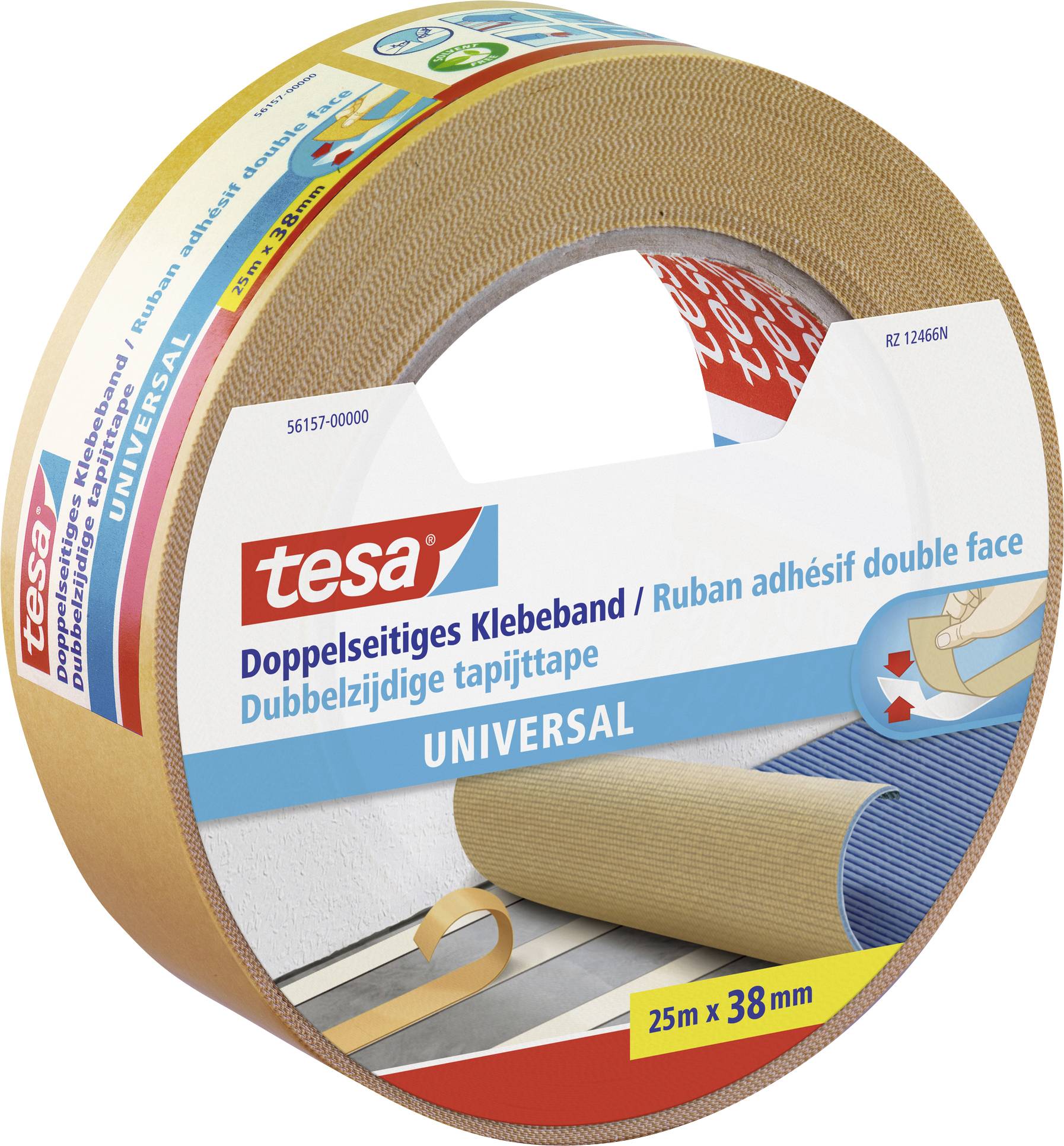 Doppelseitiges Klebeband von Tesa, 25 m x 38 mm, für universelle Anwendungen. Verpackung zeigt Anwendungsbeispiele auf Böden.