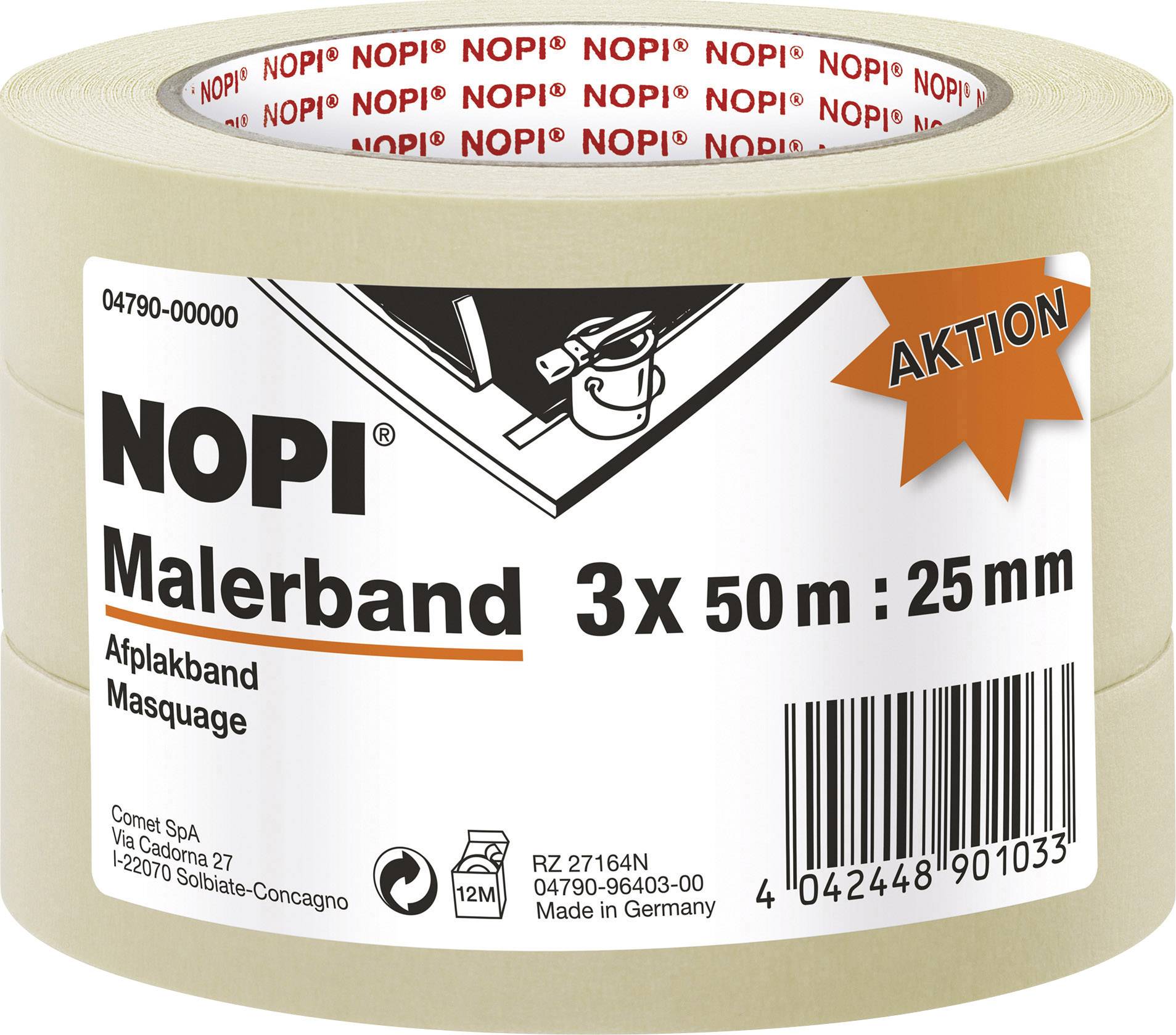 Drei Rollen NOPI Malerband, je 50 m Länge und 25 mm Breite, in beige. Aktion hervorgehoben. Verpackung zeigt Hersteller und Barcode.