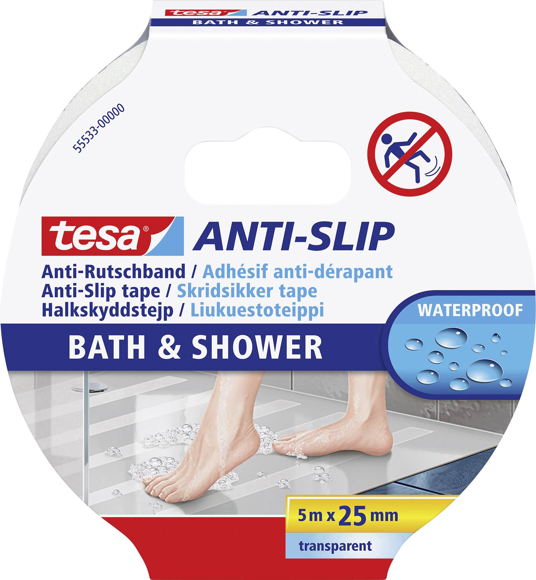 Verpackung von 'tesa Anti-Slip Bath & Shower', 5 m x 25 mm, anti-rutschband für dusche und bad, wasserfest, mit abbildung von füßen auf nasser oberfläche.