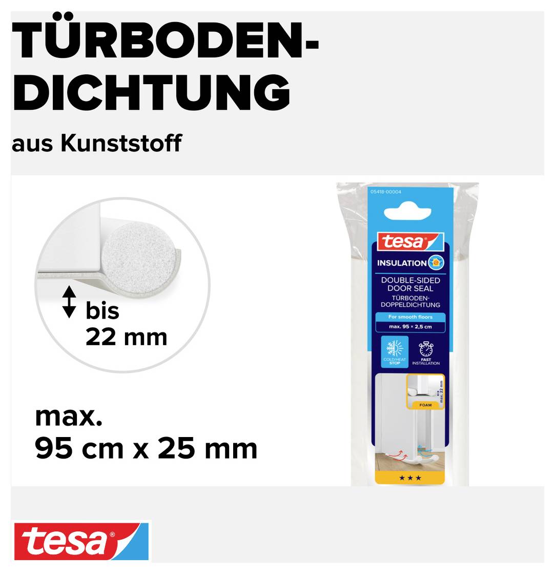 'Tur-Bodendichtung aus Kunststoff, bis 22 mm, max. 95 cm x 25 mm.' Verpackung zeigt doppelseitige Türbodendichtung von tesa.