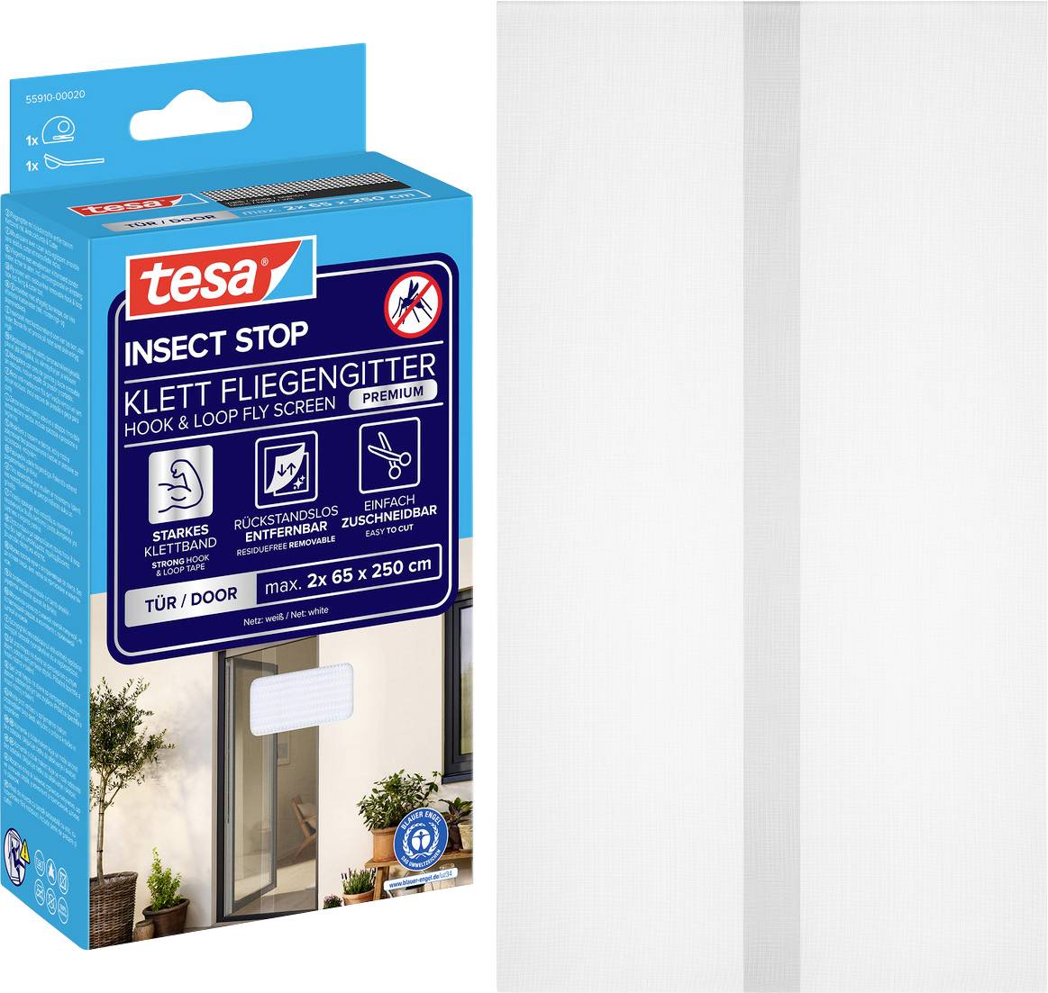 Verpackung für tesa Insect Stop Klettband-Fliegengitter, gezeigt mit einem weißen Netzgitterpanel für eine Tür.