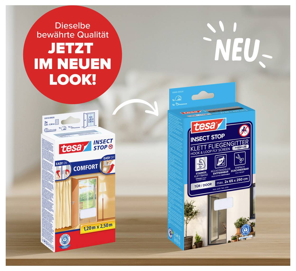 Promotional-Grafik mit tesa Insektenschutz-Produkten in alter und neuer Verpackung, mit dem Text „Dieselbe bewährte Qualität JETZT IM NEUEN LOOK!
