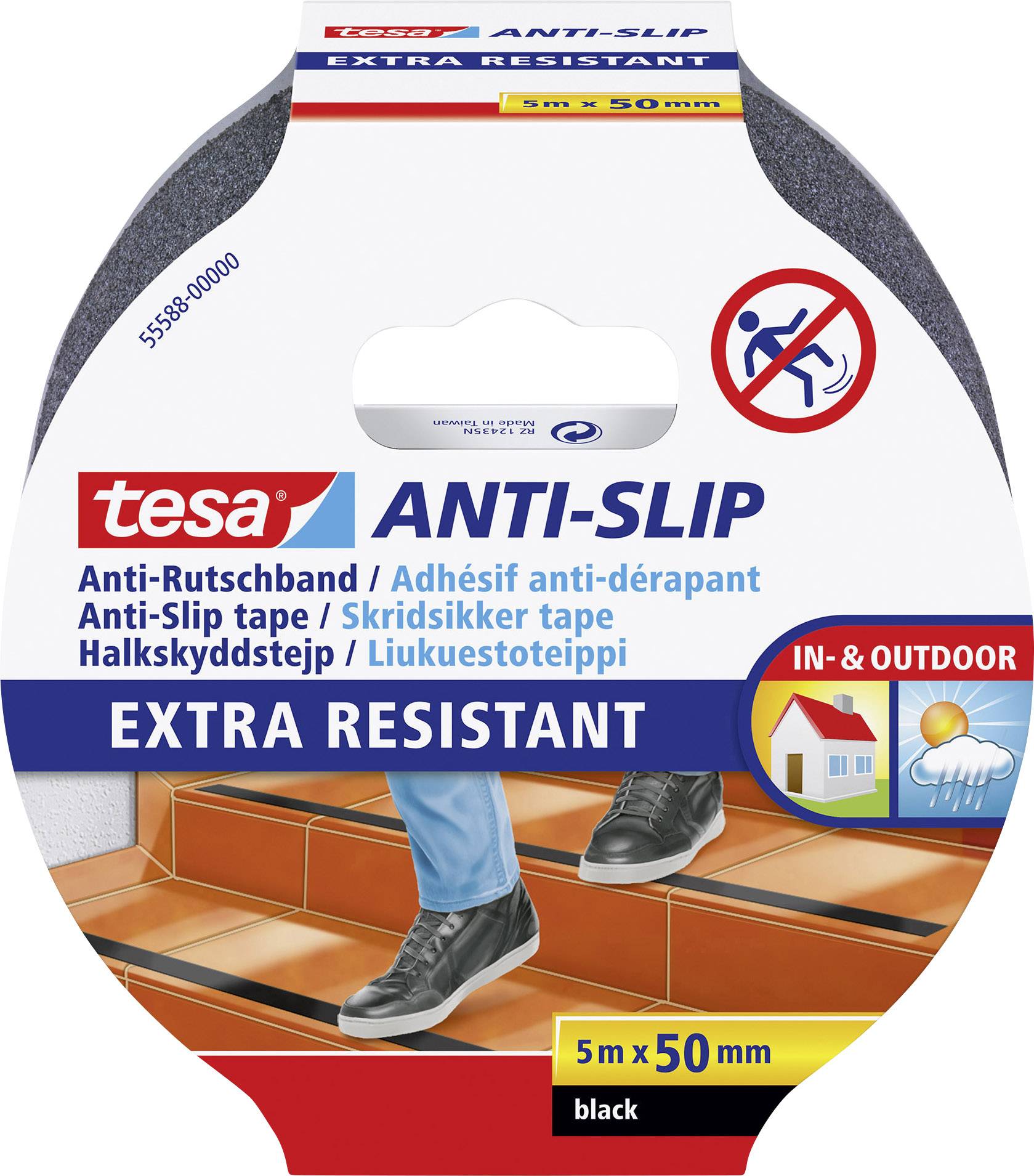 Anti-Rutschband von Tesa, 5 m x 50 mm, schwarz, extra widerstandsfähig. Abgebildet: Schuhe auf einer Treppe, Hinweis auf Innen- und Außenbereich.