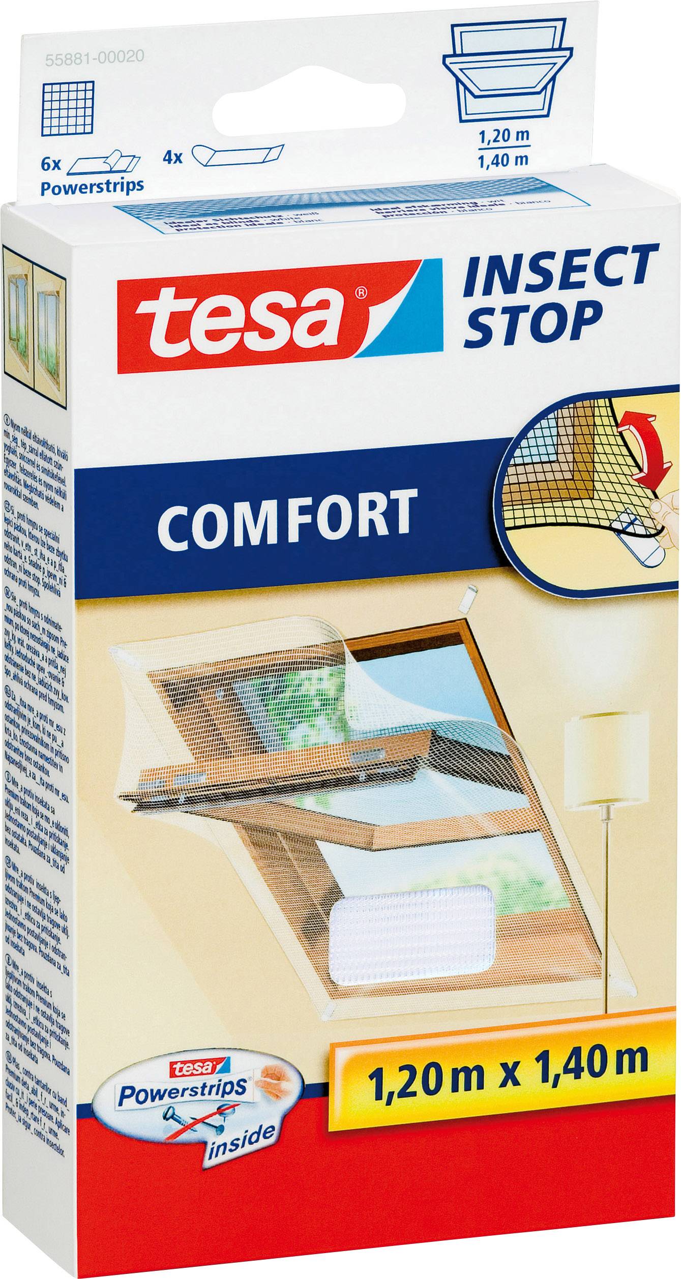 Eine Verpackung für 'tesa Insect Stop Comfort', zeigt Moskitonetz für Fenster. Enthält Maße: 1,20 m x 1,40 m, Powerstrips inklusive.