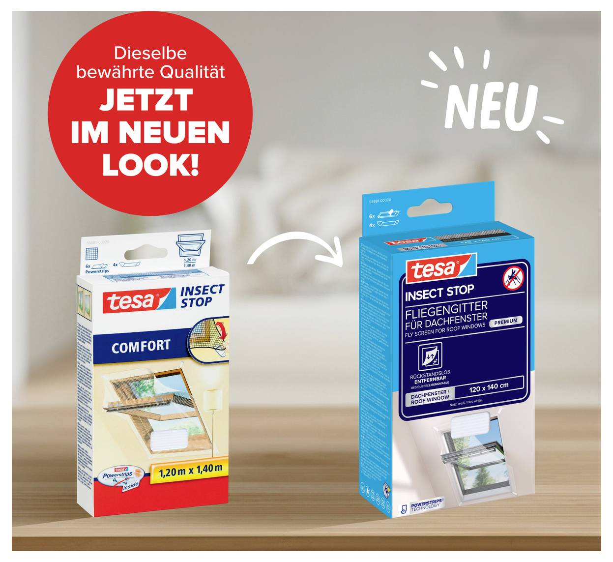 Werbung zeigt tesa Insect Stop im neuen Look: alte Verpackung links, neue blaue rechts, mit Pfeil und Hinweis 'NEU'.