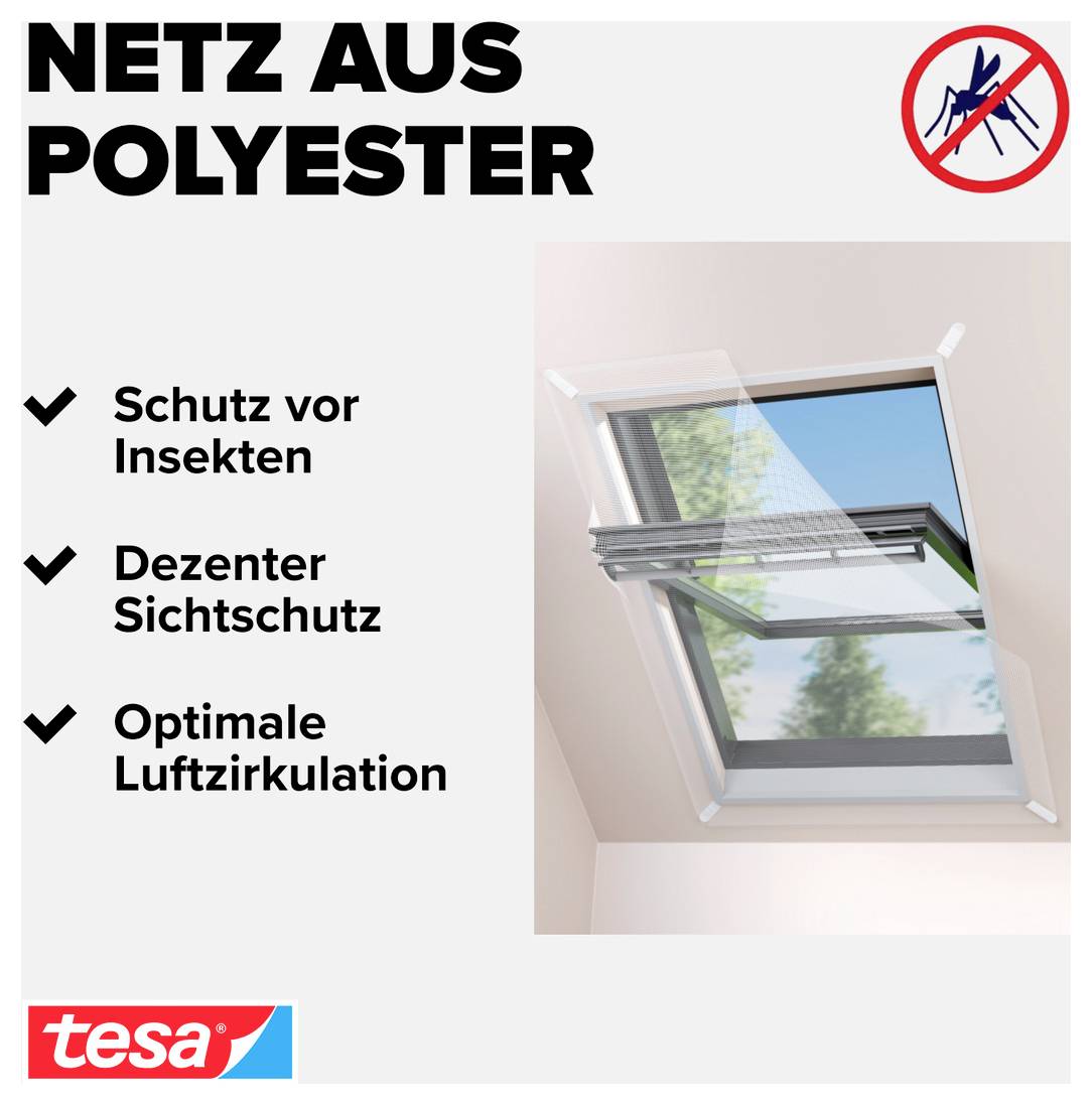 Produktgrafik für ein 'Netz aus Polyester' mit Fenstermarkise; nennt Schutz vor Insekten, dezenten Sichtschutz und optimale Luftzirkulation.