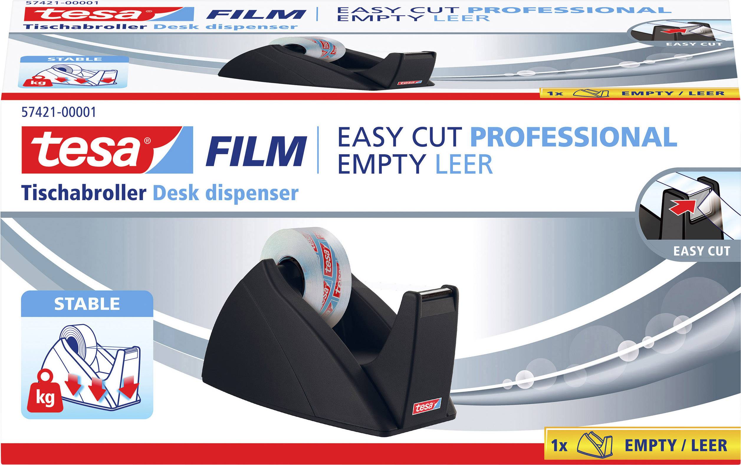 Schwarzer Tischabroller mit Tesa-Filmrolle, geeignet für stabile Ablage. Hinweis: Einfaches Schneiden bei leerem Abroller.