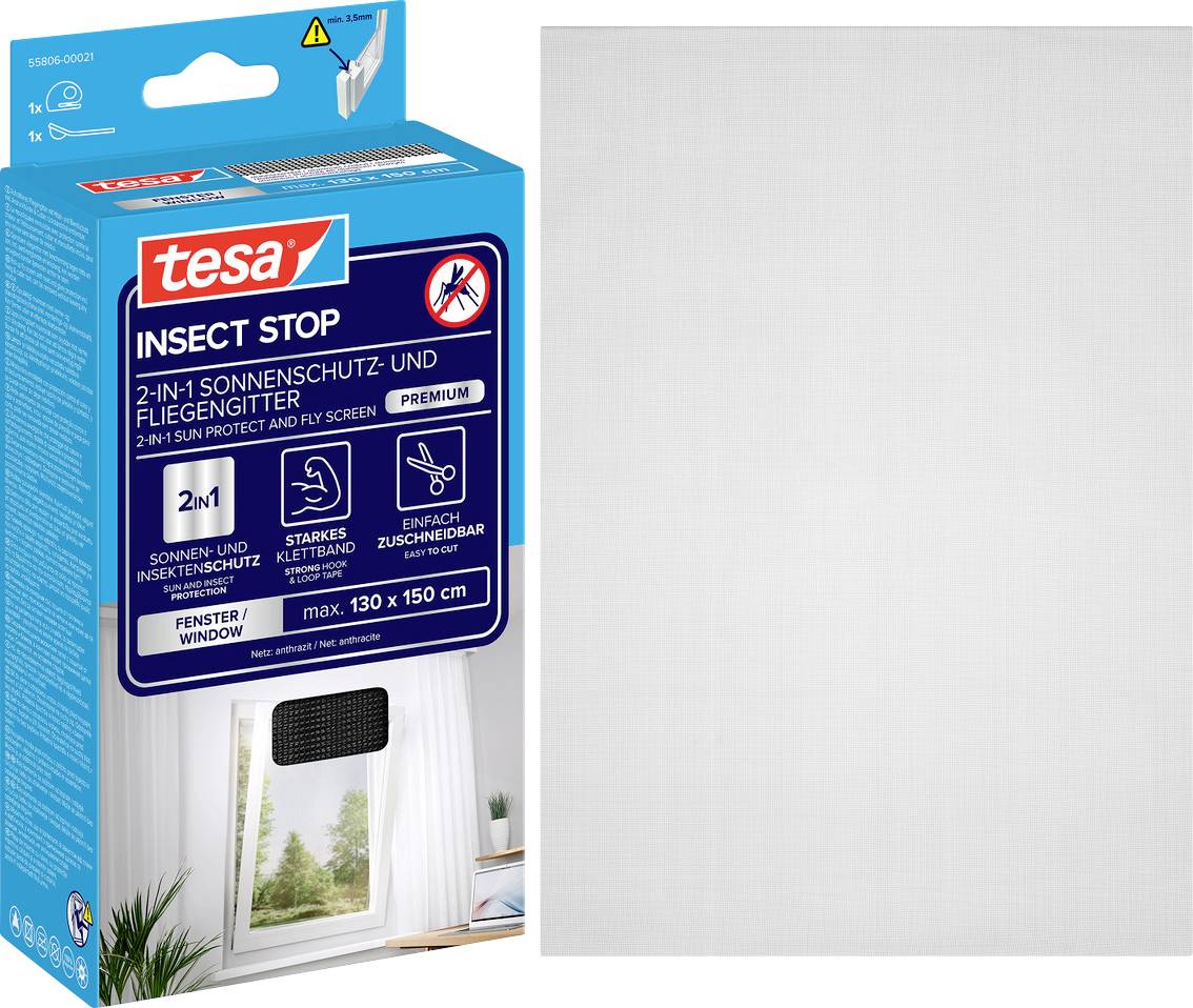 tesa Insekt Stop 2-in-1 Fenster-Sonnenschutz und Fliegengitter-Set, gezeigt mit Produktverpackung und weißem Meshmaterial für Fenster bis 130 x 150 cm