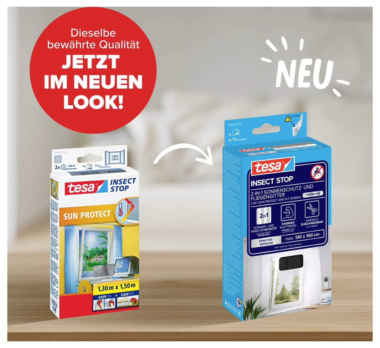 Werbegrafik mit zwei Tesa-Insektenschutz-Verpackungen: links 'alter' Look, rechts 'neuer' Look; Text 'Dieselbe bewährte Qualität jetzt im neuen Look!' und 'Neu'