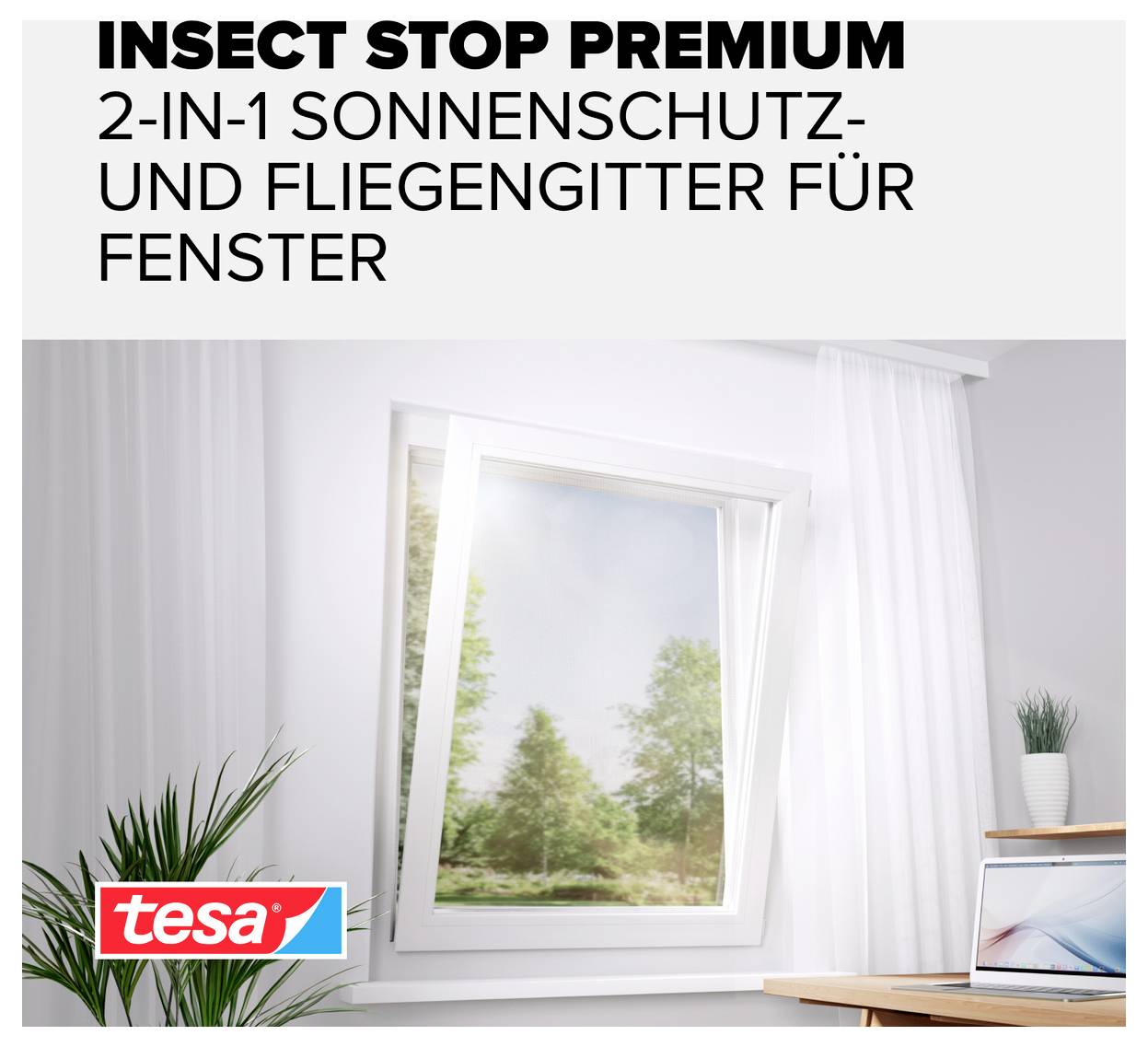 Werbebild für 'INSECT STOP PREMIUM': 2-in-1 Sonnenschutz- und Fliegengitter am geöffneten Fenster in einem hellen Raum.