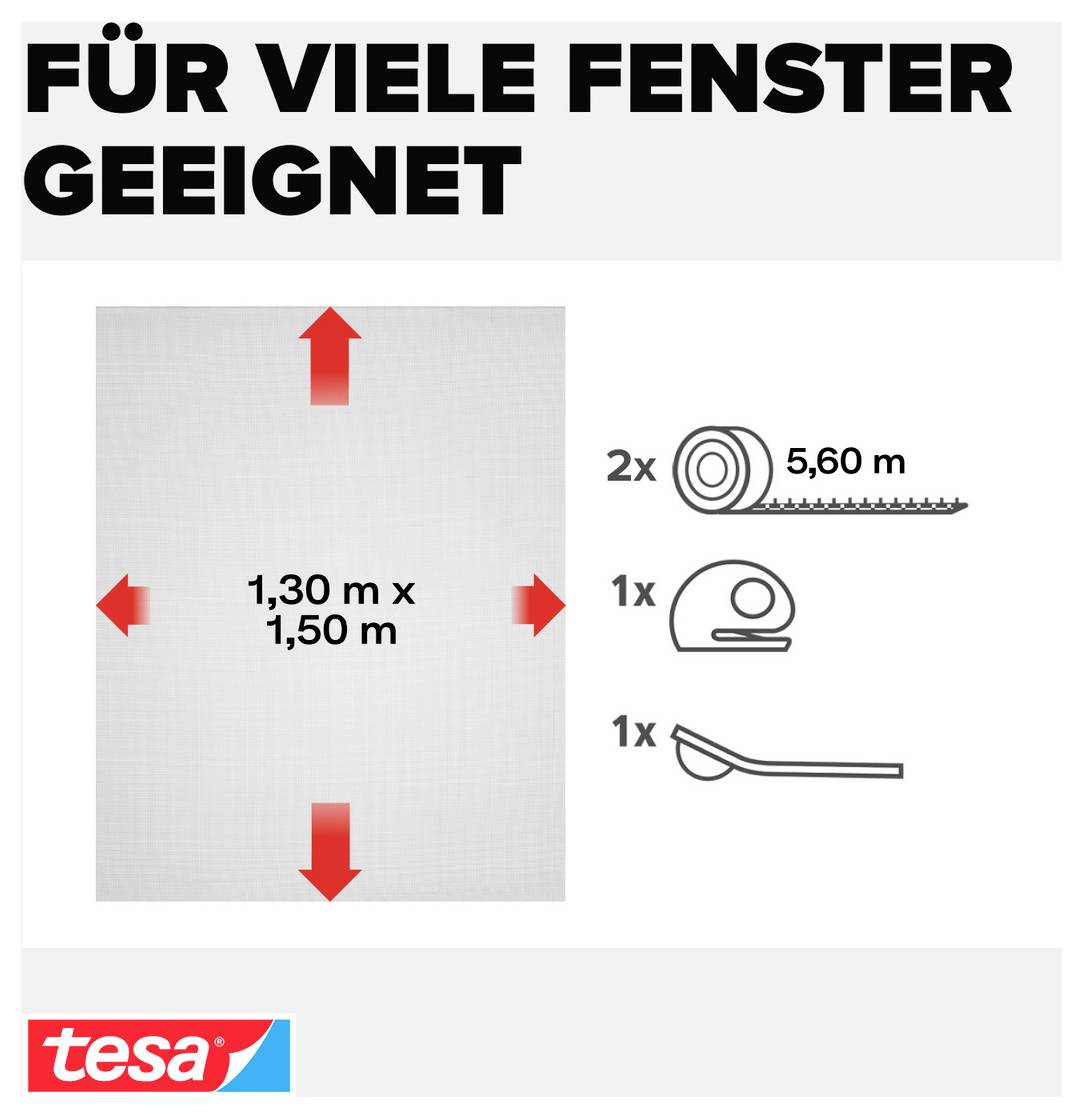 Infografik: 'FÜR VIELE FENSTER GEEIGNET'; Fensterfläche 1,30 x 1,50 m mit Maßpfeilen. Rechts Materialbedarf: 2x 5,60 m, 1x Rolle, 1x Schiene; tesa-Logo unten.