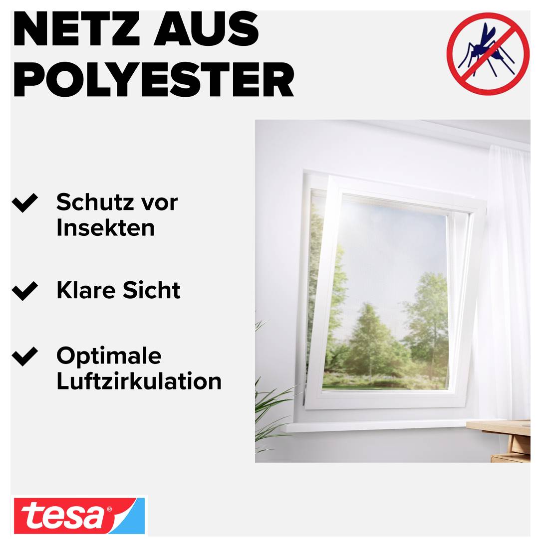 Werbeplakat für 'Netz aus Polyester' mit Insektenschutz: klare Sicht und optimale Luftzirkulation; zeigt ein Fenster mit Netz und das tesa-Logo.