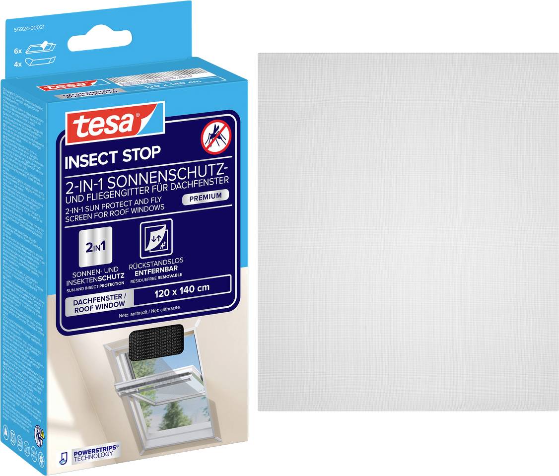 Verpackung für tesa Insect Stop 2-in-1 Sonnen- und Fliegenschutz für Dachfenster, zeigt ein weißes Netzgitterpaneel neben der Schachtel.