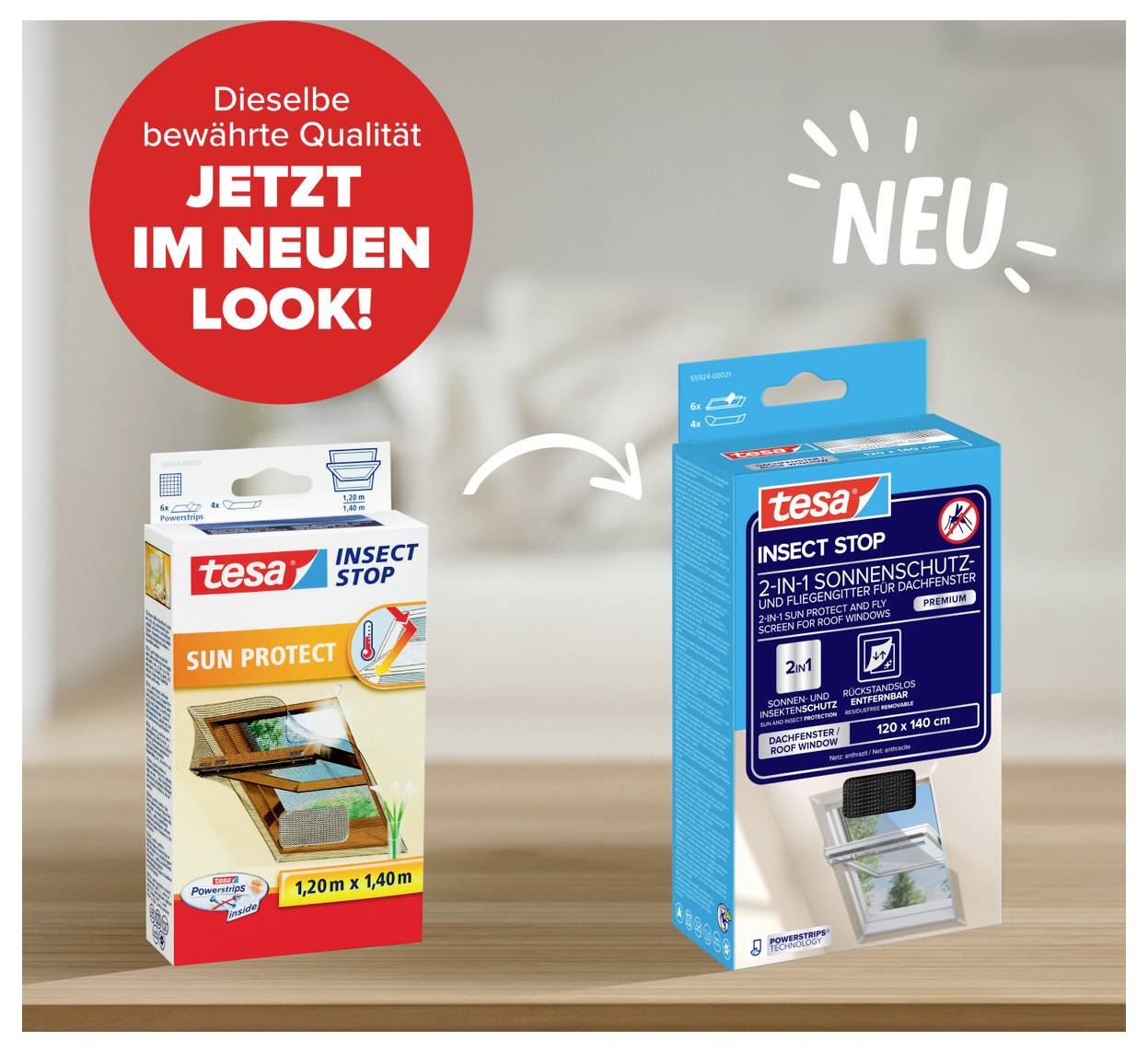 Werbung für tesa Insect Stop: dieselbe bewährte Qualität jetzt im neuen Look, alte und neue Verpackung nebeneinander mit Pfeil und 'NEU'.