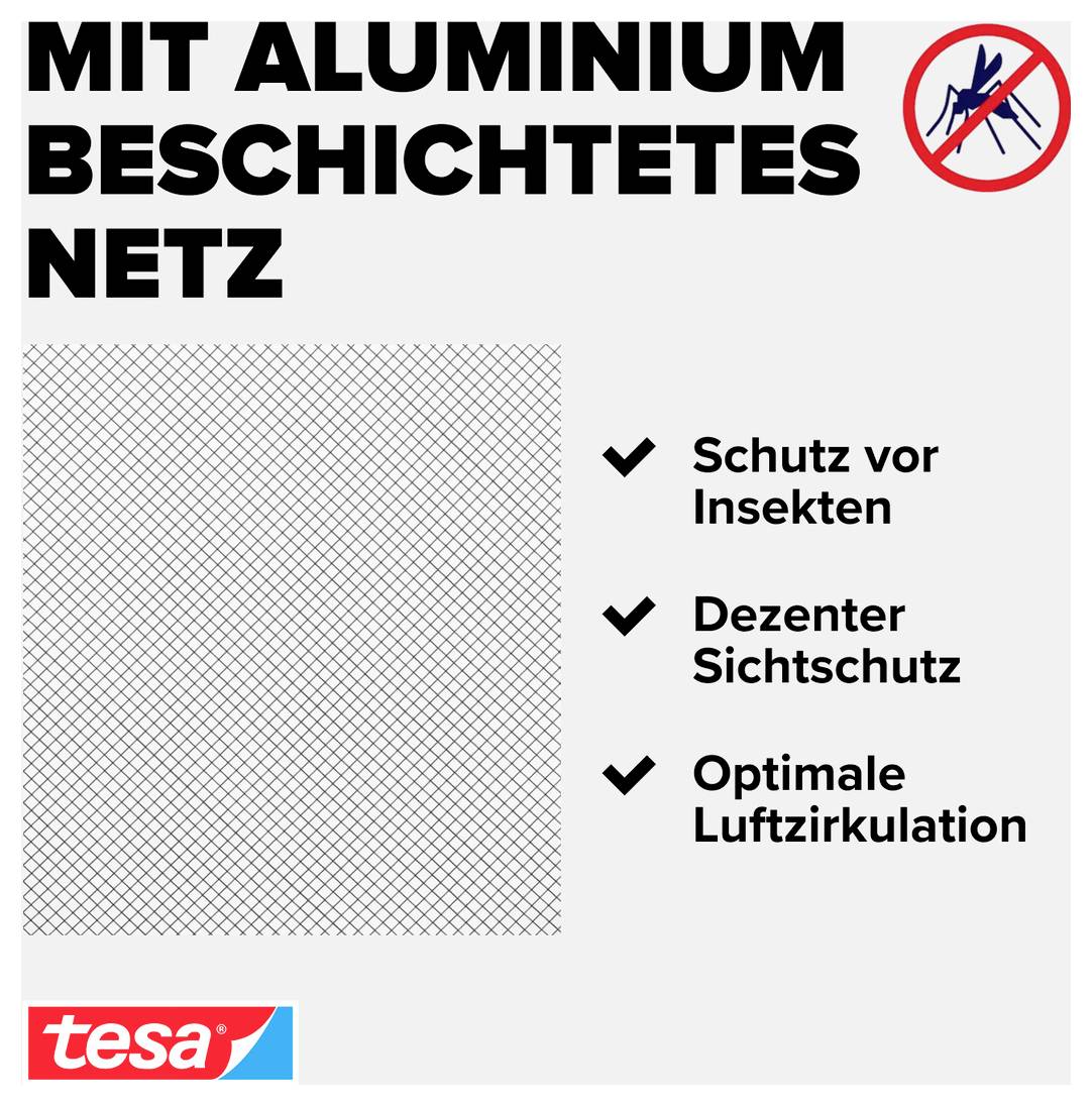 Werbegrafik für tesa: 'Mit aluminium beschichtetes Netz' mit Hinweisen auf Insektenschutz, dezenten Sichtschutz und optimale Luftzirkulation.