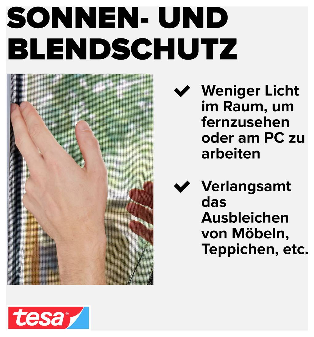 # Fensternetze für Sonne und BlendschutzEine Hand stellt ein Fensternetz ein; der Text besagt, dass es das Raumlicht für Bildschirmarbeit reduziert und das Verblassen von Möbeln und Teppichen verlangsamt.