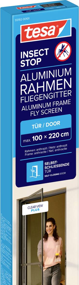 Verpackung für tesa Insect Stop Fliegengitter mit Aluminiumprofil für eine Türe, Größe 100 x 220 cm, mit einem Foto des installierten Gitters über einer Türöffnung.