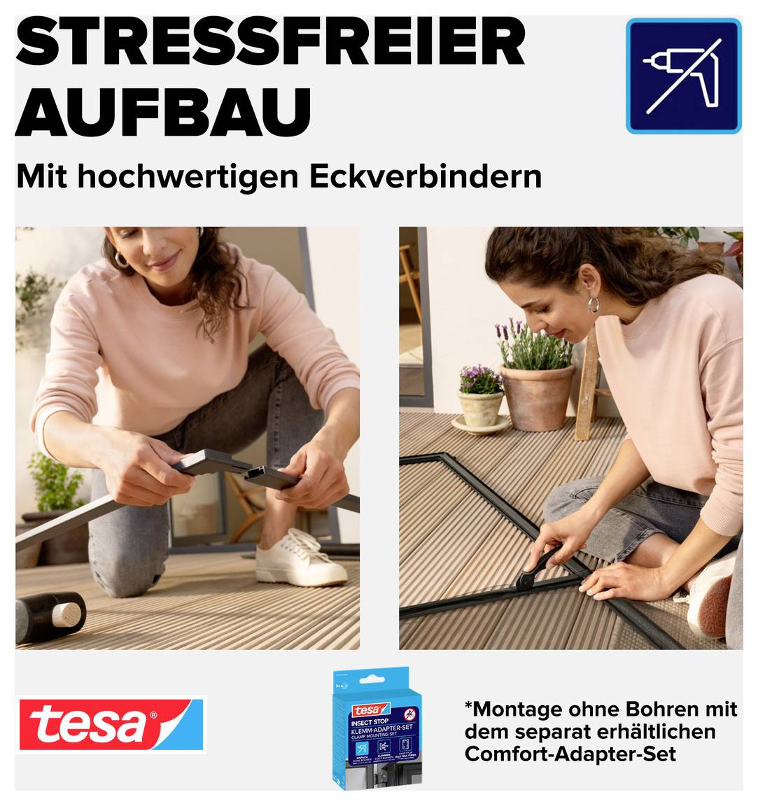 Werbung für 'strefreier Aufbau' mit hochwertigen Eckverbindern: Frau montiert einen Rahmen ohne Bohren; tesa-Logo und Produktverpackung unten.