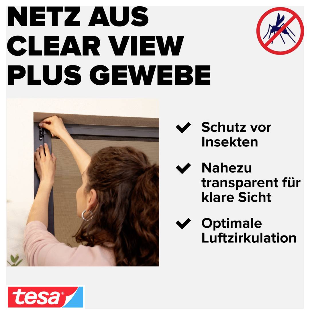 Werbung für tesa 'Netz aus Clear View plus Gewebe': Person montiert Insektenschutz; genannt werden Schutz vor Insekten, klare Sicht und gute Luftzirkulation.