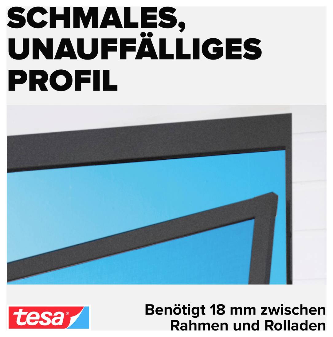 Anzeigenbild, das ein schlankes schwarzes Profil um ein blaues Panel zeigt; der deutsche Text lautet „SCHMALES, UNAUFFÄLLIGES PROFIL