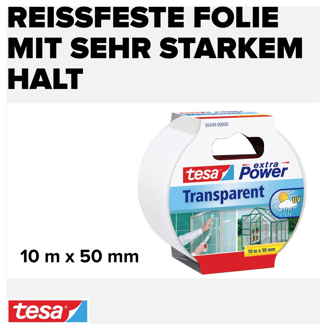'Reißfeste Folie mit sehr starkem Halt.' Verpackung von Tesa-Film für transparente Klebebandrolle, 10 m x 50 mm, geeignet für diverse Anwendungen.