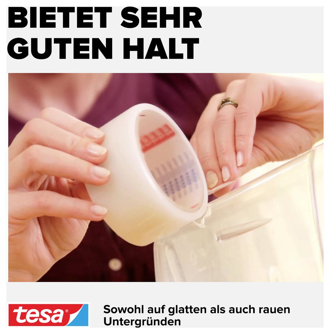 Person hält Klebeband wie auf der Verpackung gezeigt, mit dem Text 'Bietet sehr guten Halt', geeignet für glatte und raue Oberflächen.