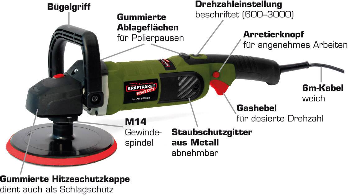 Dino KRAFTPAKET Heavy Duty 1500W 640255 Rotationspoliermaschine 230V 1400W 600 - 3000 U/min 180mm