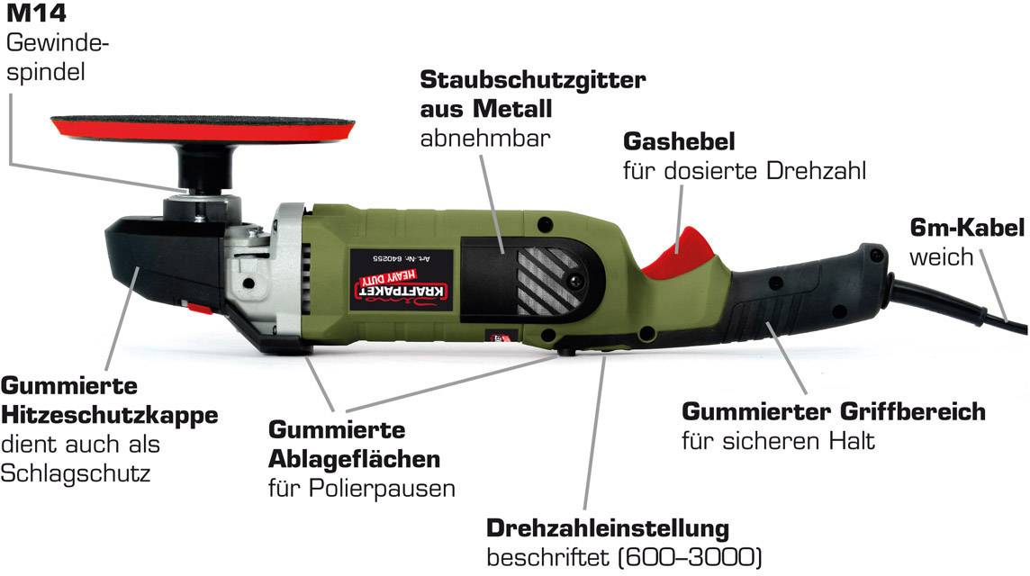 Dino KRAFTPAKET Heavy Duty 1500W 640255 Rotationspoliermaschine 230V 1400W 600 - 3000 U/min 180mm